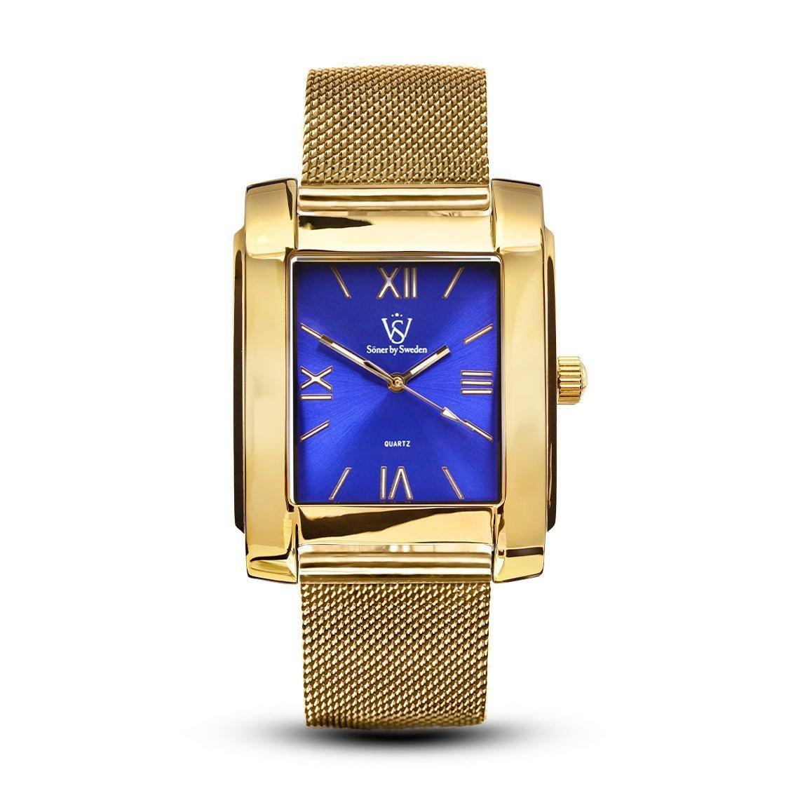 Polished gold Legacy Mercado rectangular watch with a blue sunburst dial, Roman numerals, and a gold Milanese mesh bracelet.