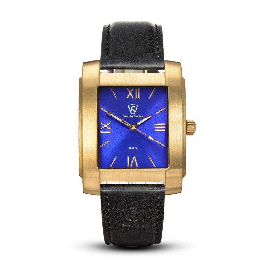 Rectangular brushed gold Legacy Mutual watch with a striking blue sunburst dial, gold Roman numerals, and a black leather strap embossed with the Söner logo.