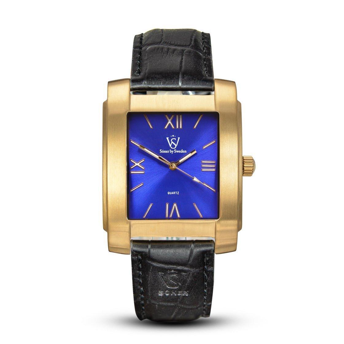 Rectangular brushed gold dress watch with a sunburst blue dial, gold Roman numerals, and a black leather strap embossed with the Söner logo.