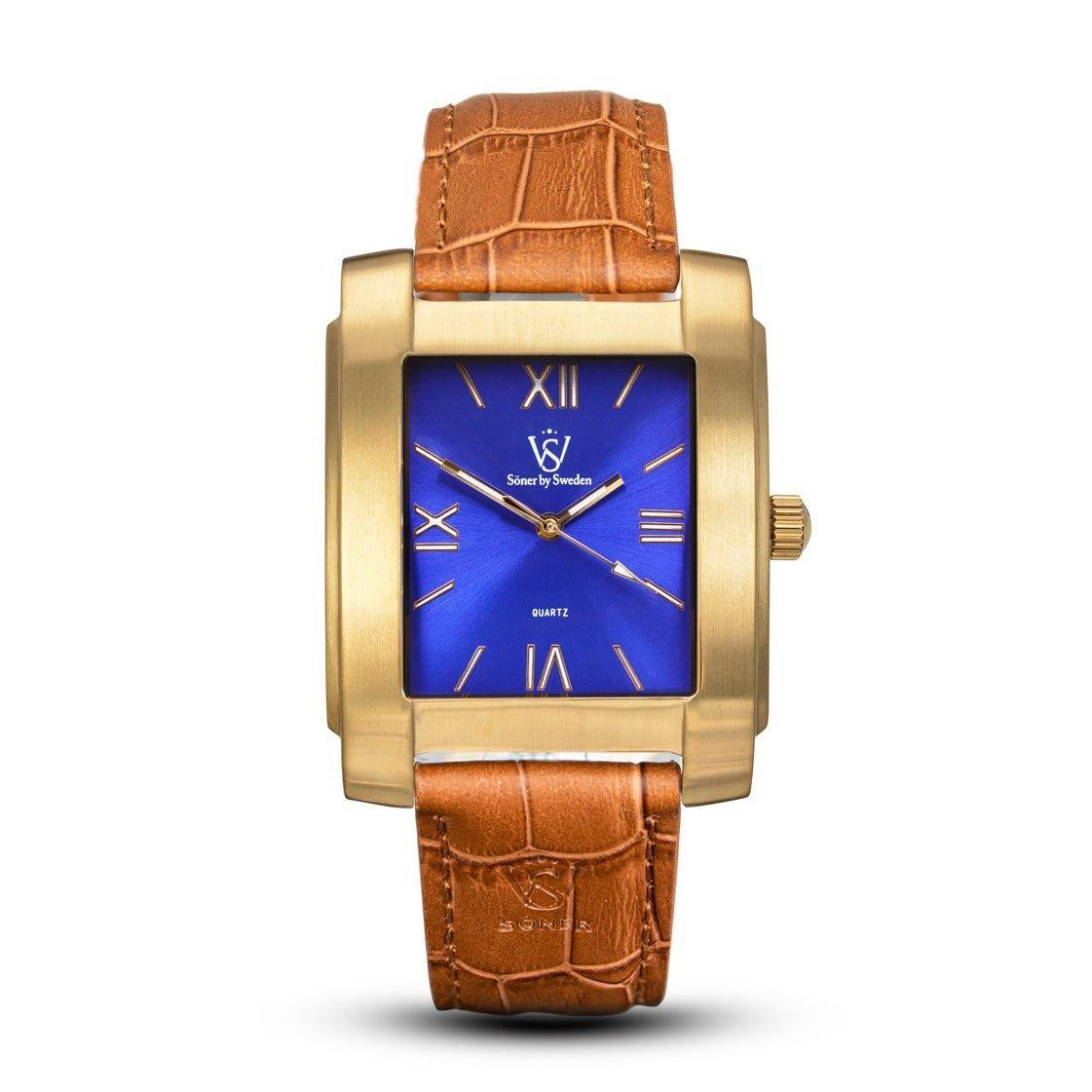 Legacy Mutual rectangular dress watch with a brushed gold case, vivid blue sunburst dial, gold Roman numerals, and a tan leather strap embossed with the Söner logo.