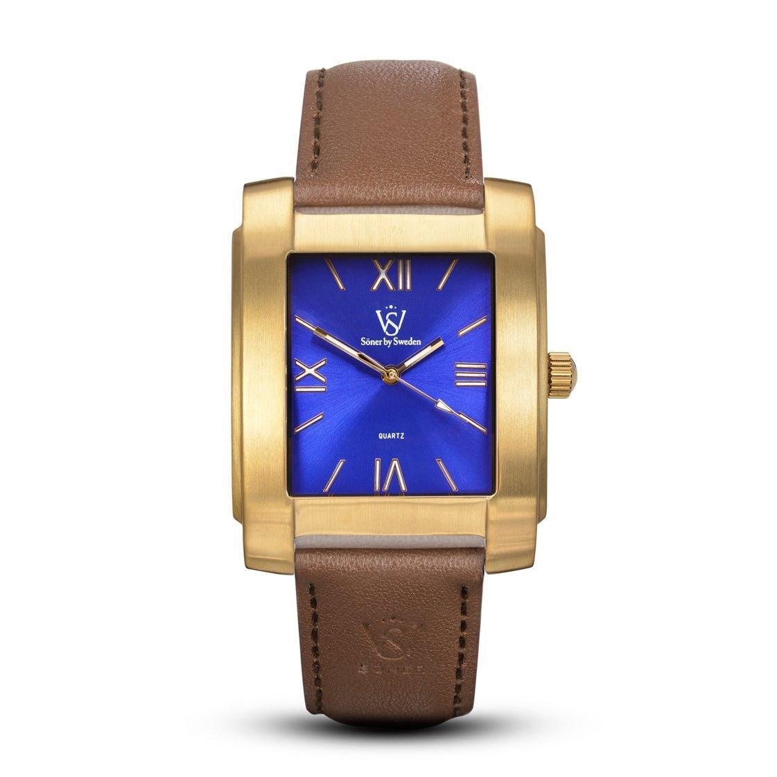 A gold rectangular watch titled "Legacy Mutual" features a blue dial adorned with Roman numerals and is paired with a brown leather strap. The brand logo elegantly embellishes the dial, exemplifying Söner's signature style, while boasting a 3-year battery life.
