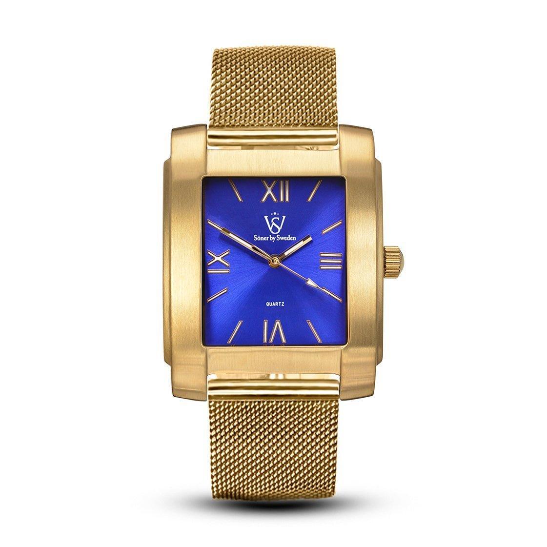 Legacy Mutual rectangular watch with a brushed gold case, blue sunburst dial, gold Roman numerals, and a gold-tone stainless steel mesh bracelet.