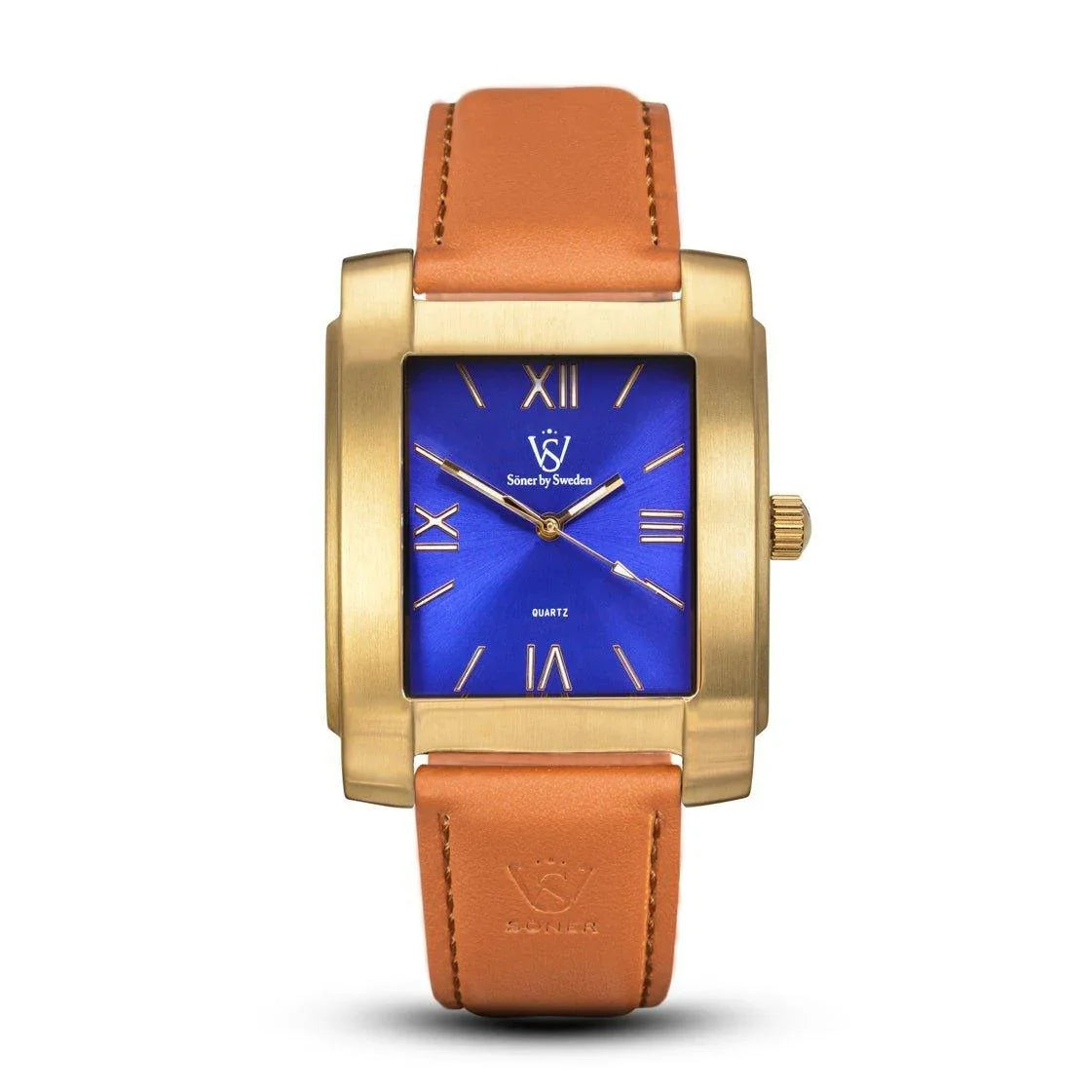 The Legacy Mutual (3-year Battery) from Söner is a gold square watch with a royal blue face adorned with Roman numeral markings, complemented by a brown leather strap. The brand logo and name are elegantly displayed on the watch face.