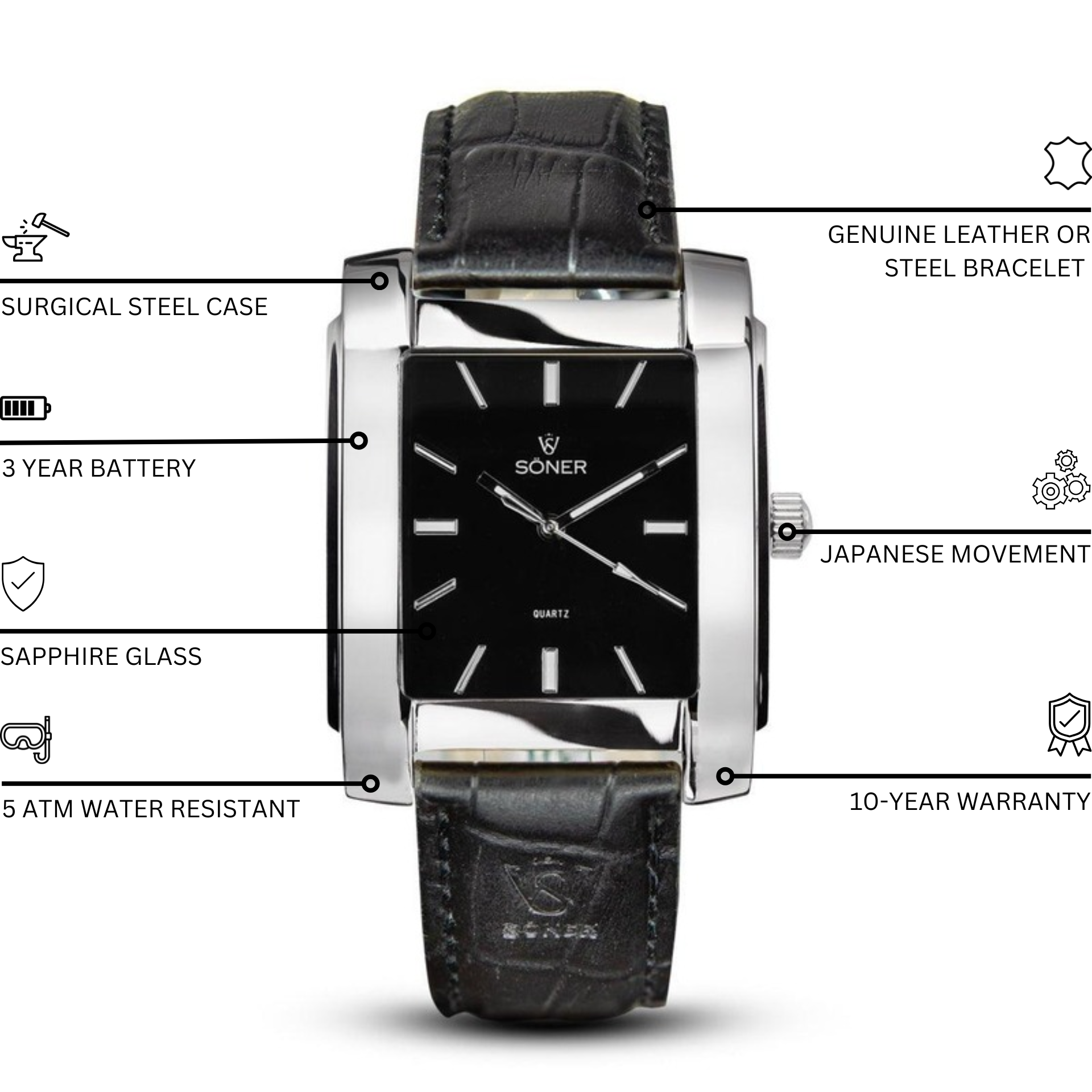 The Legacy Paramount rectangular watch, with a black face, silver hour markers, and a sleek silver frame, is depicted. This stylish timepiece features an elegant textured pattern on its black leather strap.