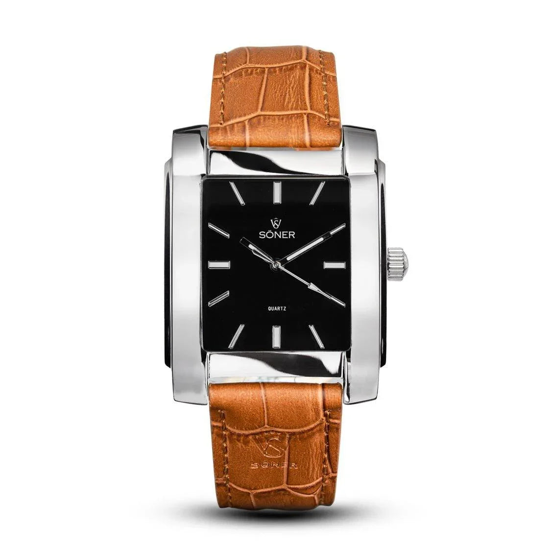 Legacy Paramount rectangular watch with a polished steel case, deep black dial, silver markers, and a light brown embossed leather strap.