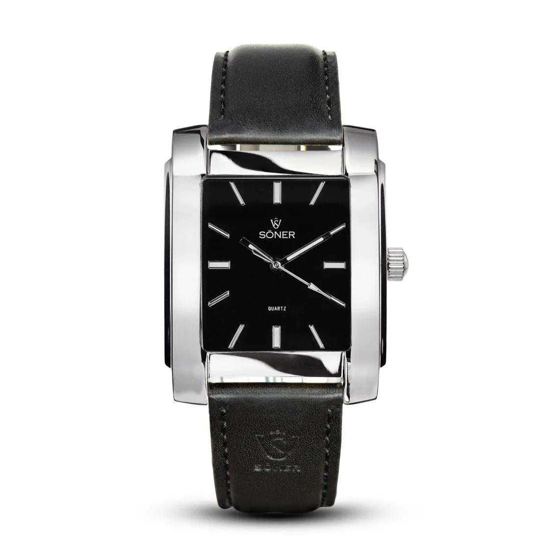 Söner Legacy Paramount rectangular watch with a polished steel case, onyx black dial, silver hour markers, and a smooth black leather strap.