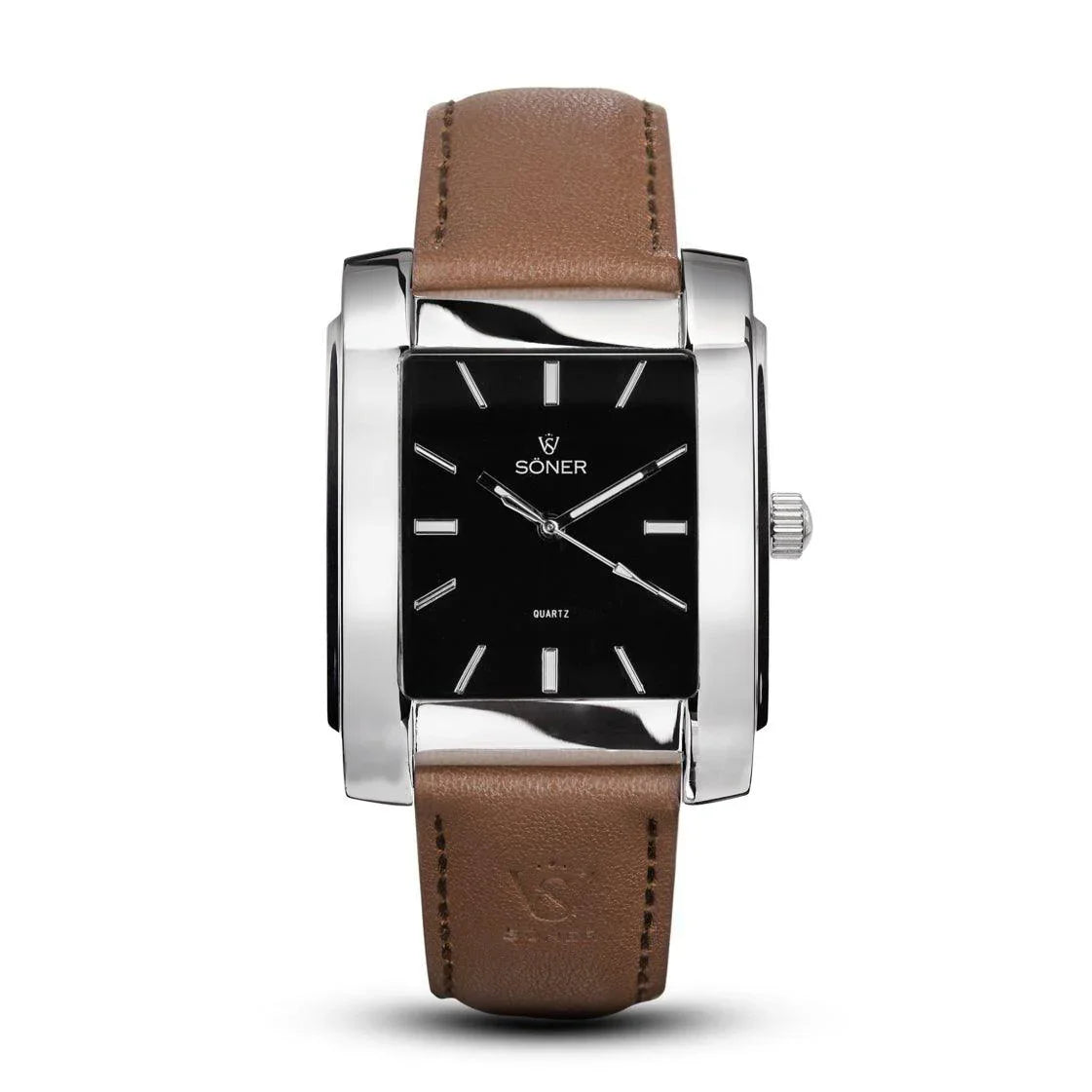 Legacy Paramount rectangular watch with a polished steel case, onyx black dial, silver hour markers, and a smooth brown leather strap.