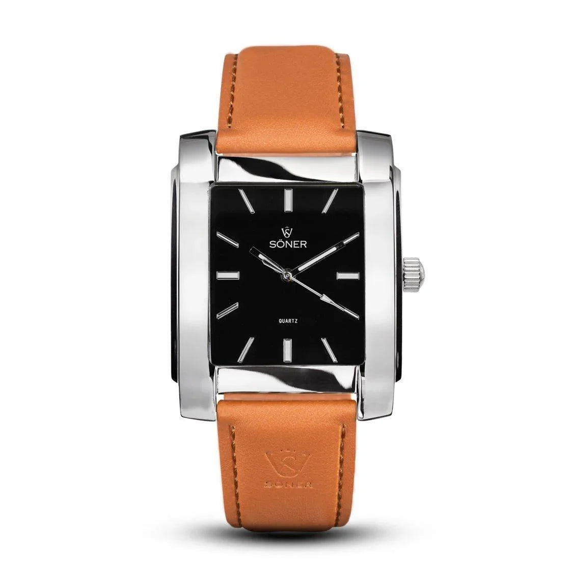 The Legacy Paramount watch features a rectangular design with a black face adorned with silver markings, encased in polished silver. It comes with a brown leather strap, hour and minute hands, and prominently displays the Söner brand name on its dial. (3-year Battery)