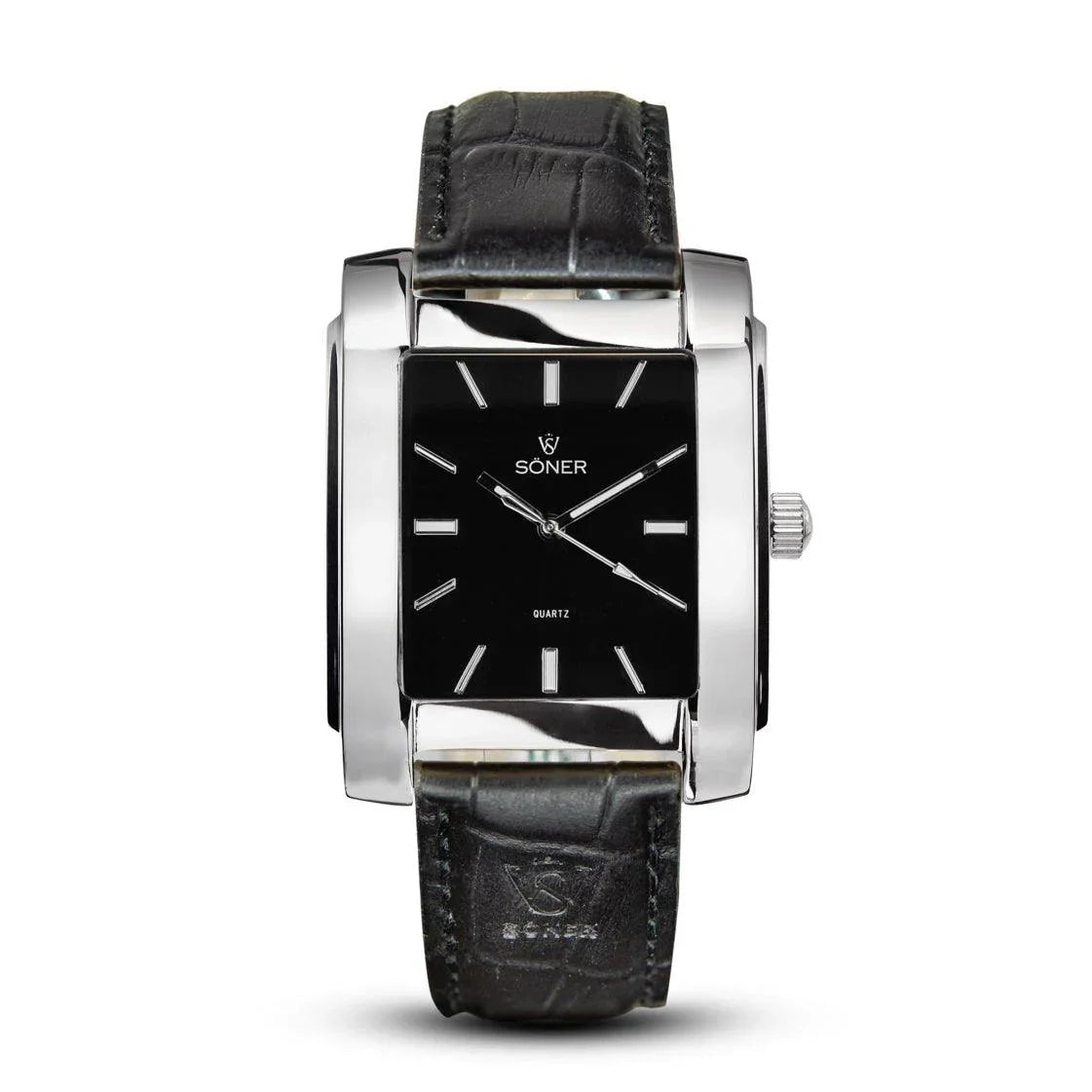 Rectangular Söner Legacy Paramount watch with a polished steel case, onyx black dial, silver indices, and a black leather strap embossed with the brand logo.