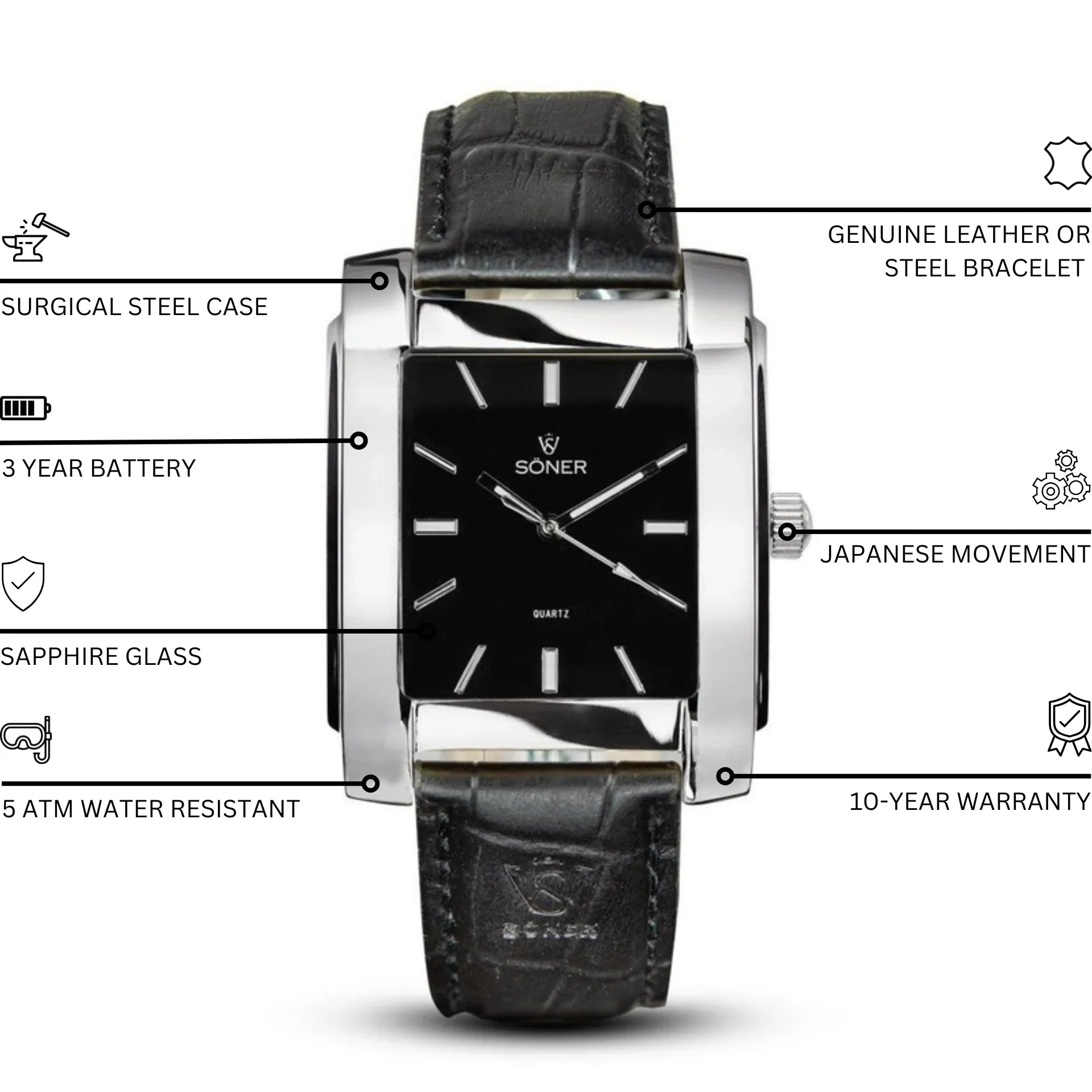 Legacy Paramount rectangular watch with a polished surgical steel case, onyx black dial, black leather strap, and annotated features including sapphire glass, 3-year battery, Japanese movement, 5 ATM water resistance, and 10-year warranty.