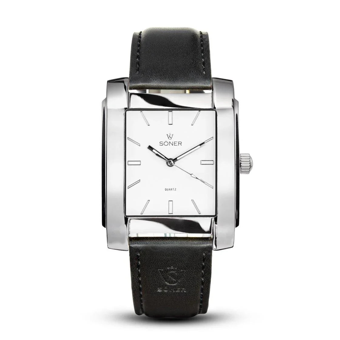 Legacy Prisma rectangular men's watch featuring a polished stainless steel case, minimalist white dial, and smooth black leather strap.