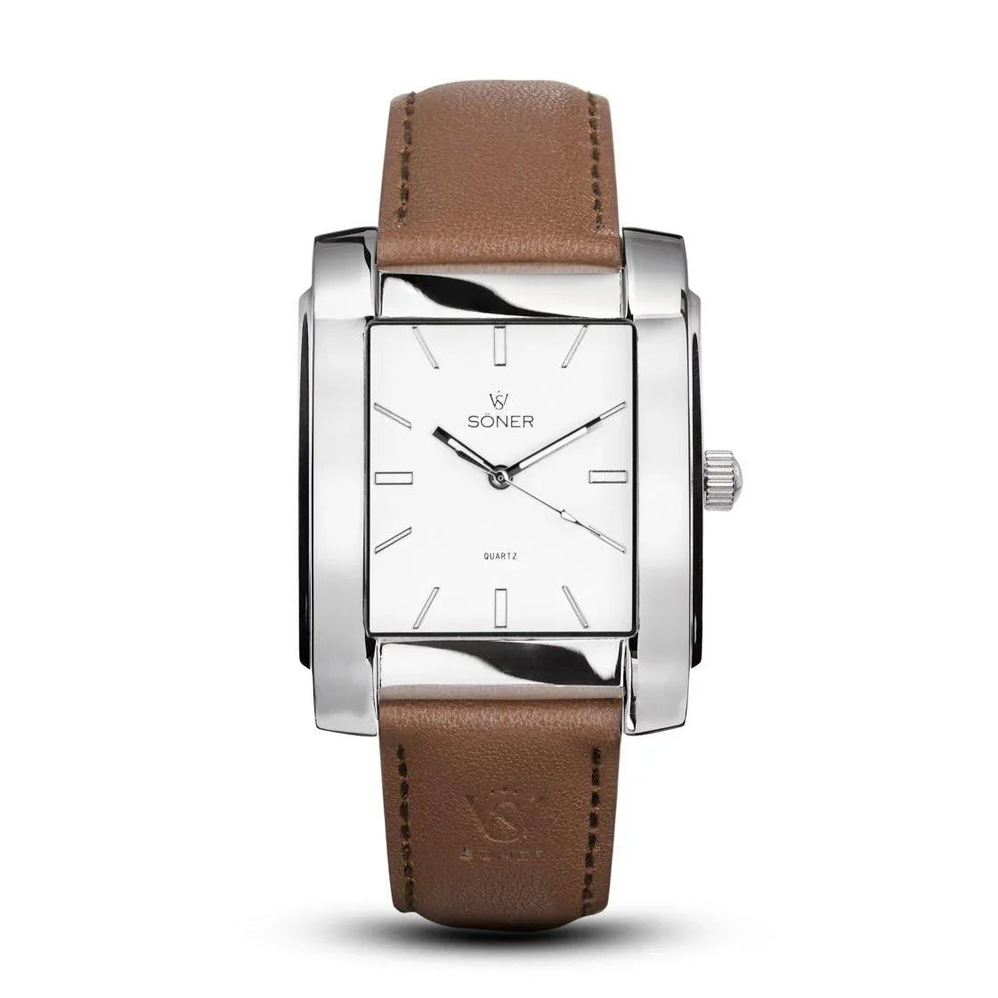 Legacy Prisma rectangular men's watch with a polished stainless steel case, minimalist white dial, and brown leather strap.