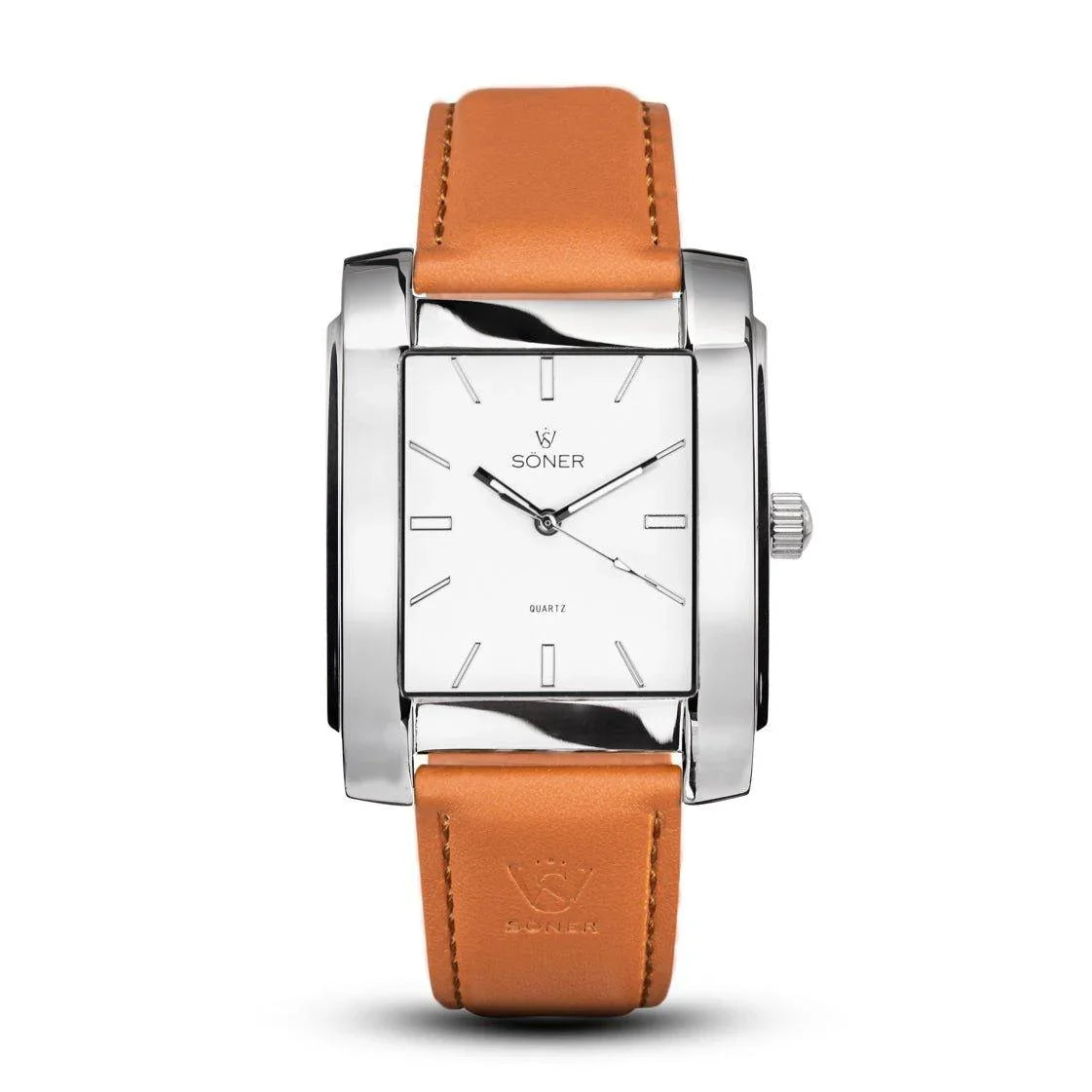 Rectangular men's watch with a polished stainless steel case, minimalist white dial, and tan leather strap, featuring silver-tone hands and indices.