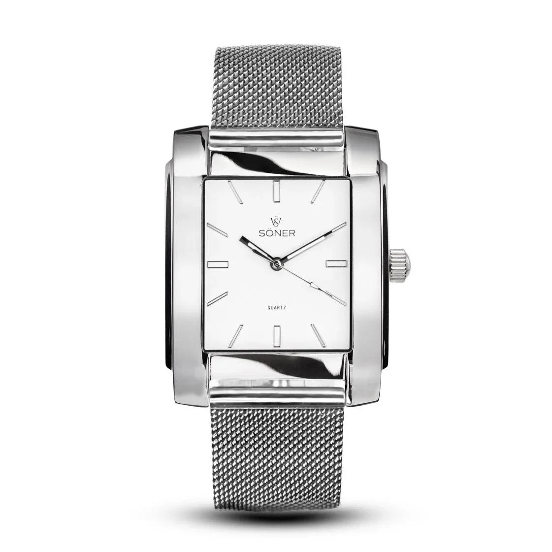 Introducing the Legacy Prisma, a modern rectangular silver watch with a mesh band, showcasing a minimalistic white dial and silver hour markers. The brand name Söner adorns the watch face, embodying timeless elegance. This model includes a long-lasting 3-year battery.