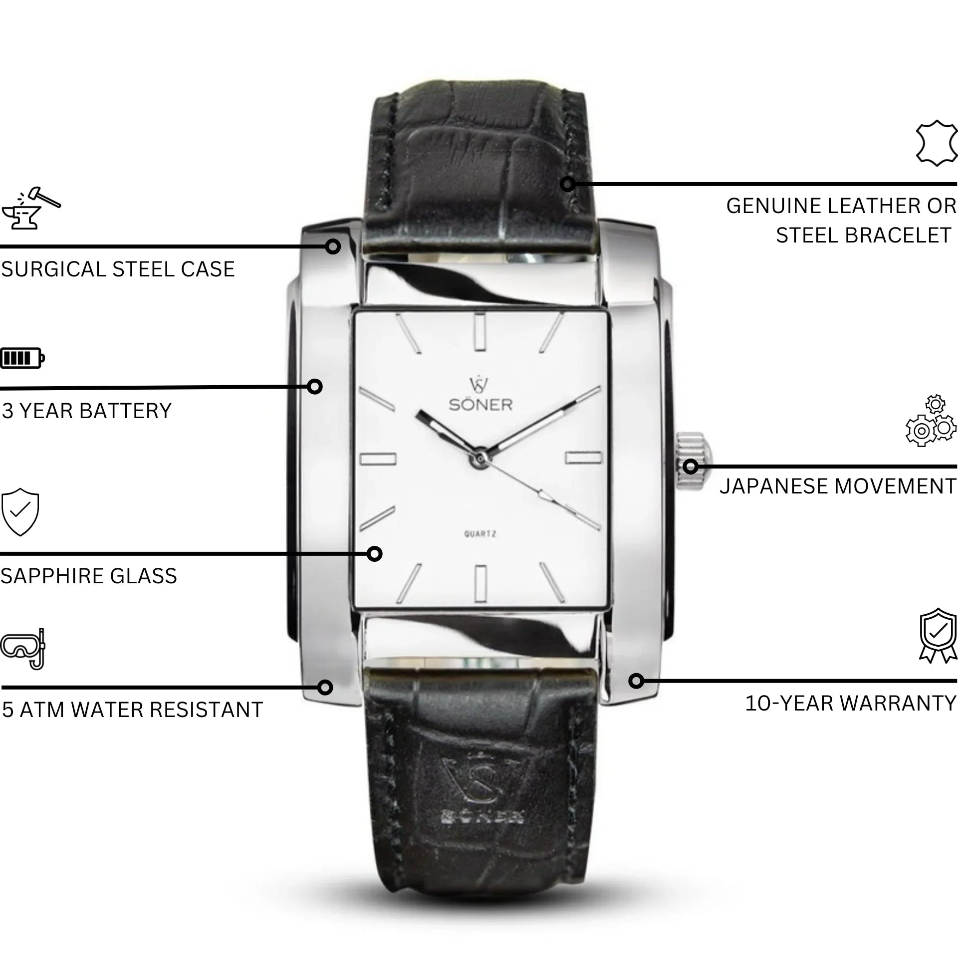 Legacy Prisma rectangular men's watch with a polished stainless steel case, white minimalist dial, black leather strap, and annotated features including sapphire glass, 3-year battery, Japanese movement, 5 ATM water resistance, and 10-year warranty.