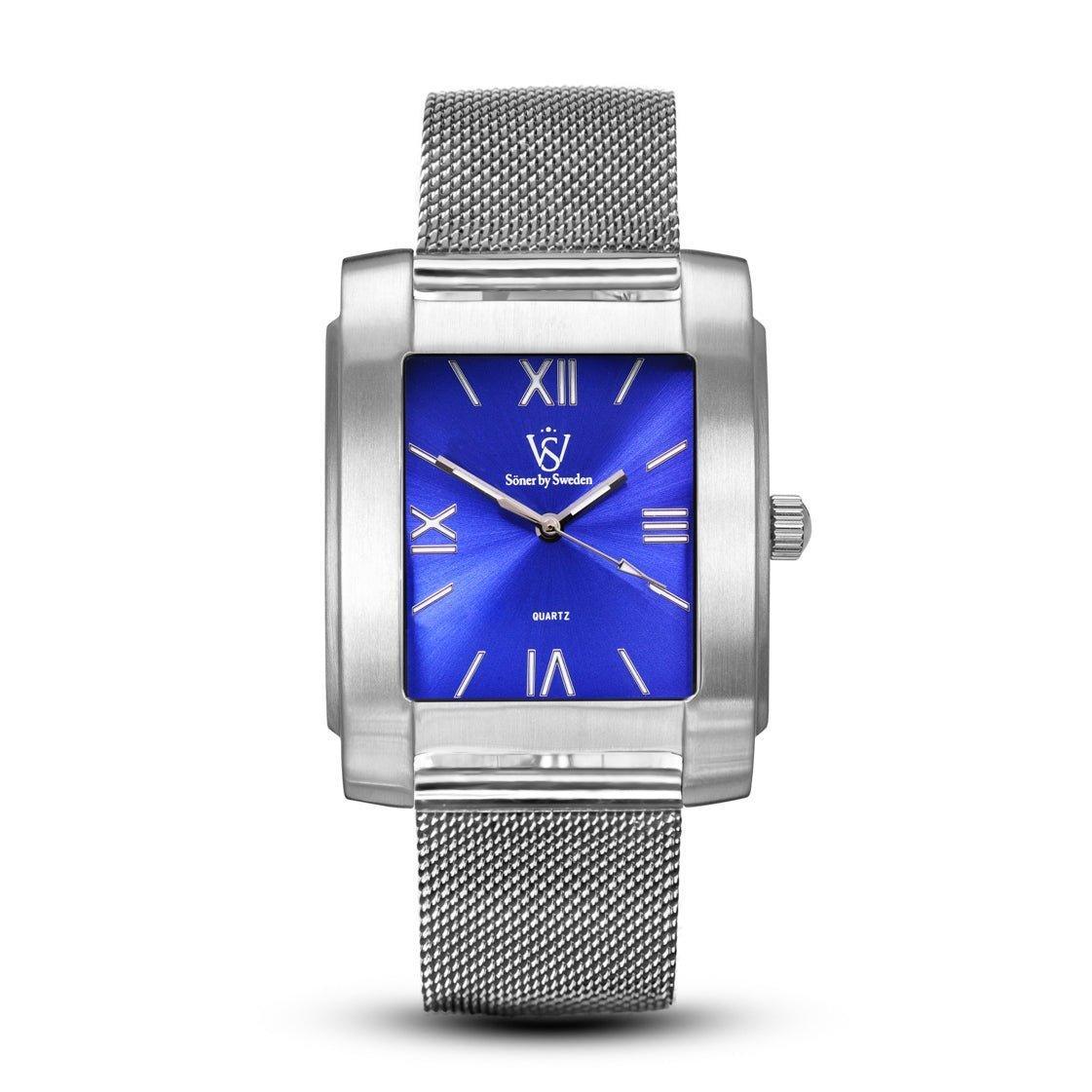 Legacy Stocklet rectangular brushed stainless steel watch with a blue sunburst dial, silver Roman numerals, and a stainless steel mesh bracelet.