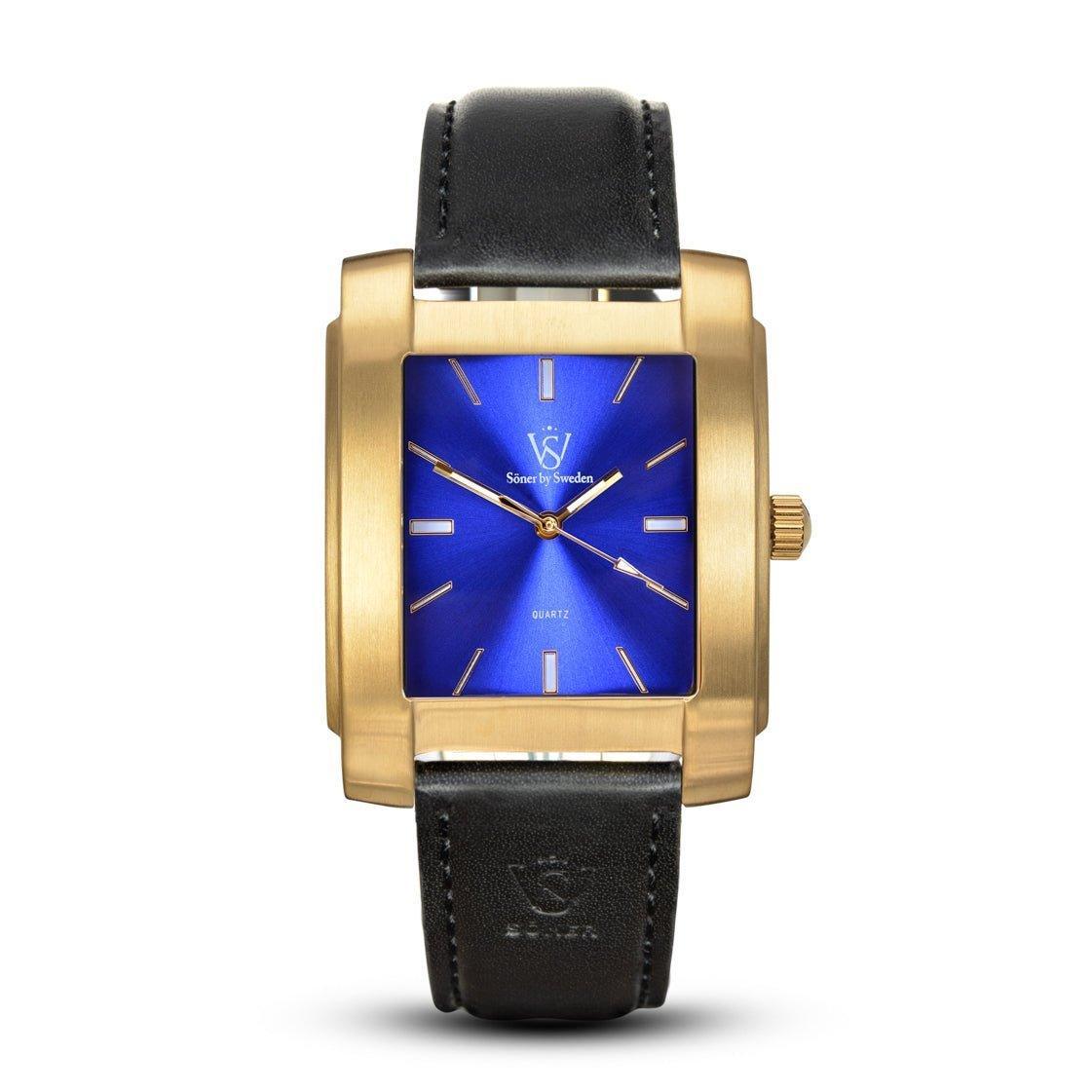 Rectangular brushed gold Legacy Tobacco watch with a vivid blue sunburst dial, gold-tone hands, and a smooth black leather strap embossed with the Söner logo.