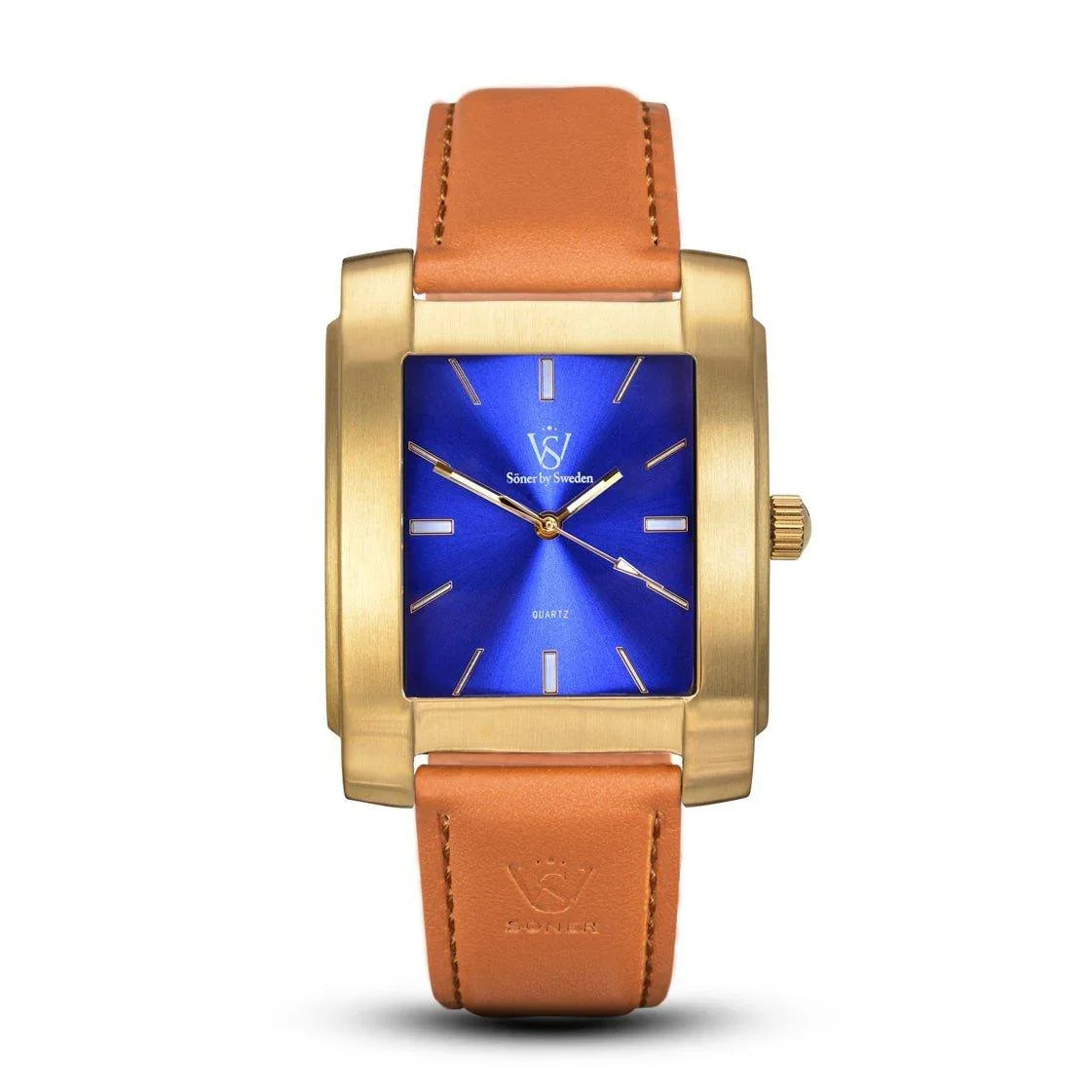 Rectangular brushed gold Legacy Tobacco watch with a striking blue sunburst dial, gold hands, and a smooth tan leather strap embossed with the Söner logo.