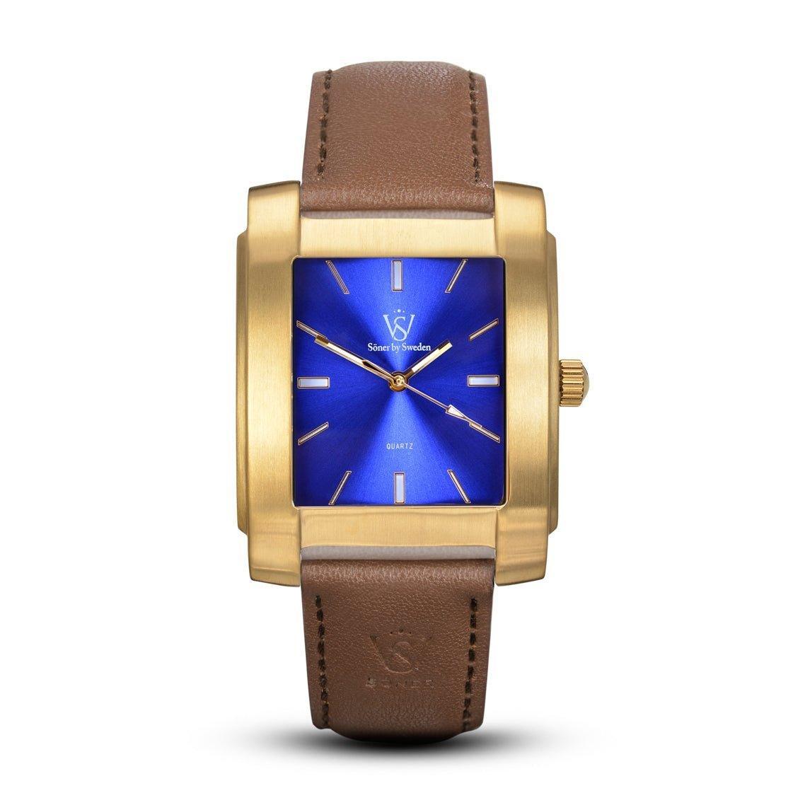 Rectangular brushed gold Legacy Tobacco watch with a vibrant blue sunburst dial, gold hands, and a smooth brown leather strap embossed with the Söner logo.