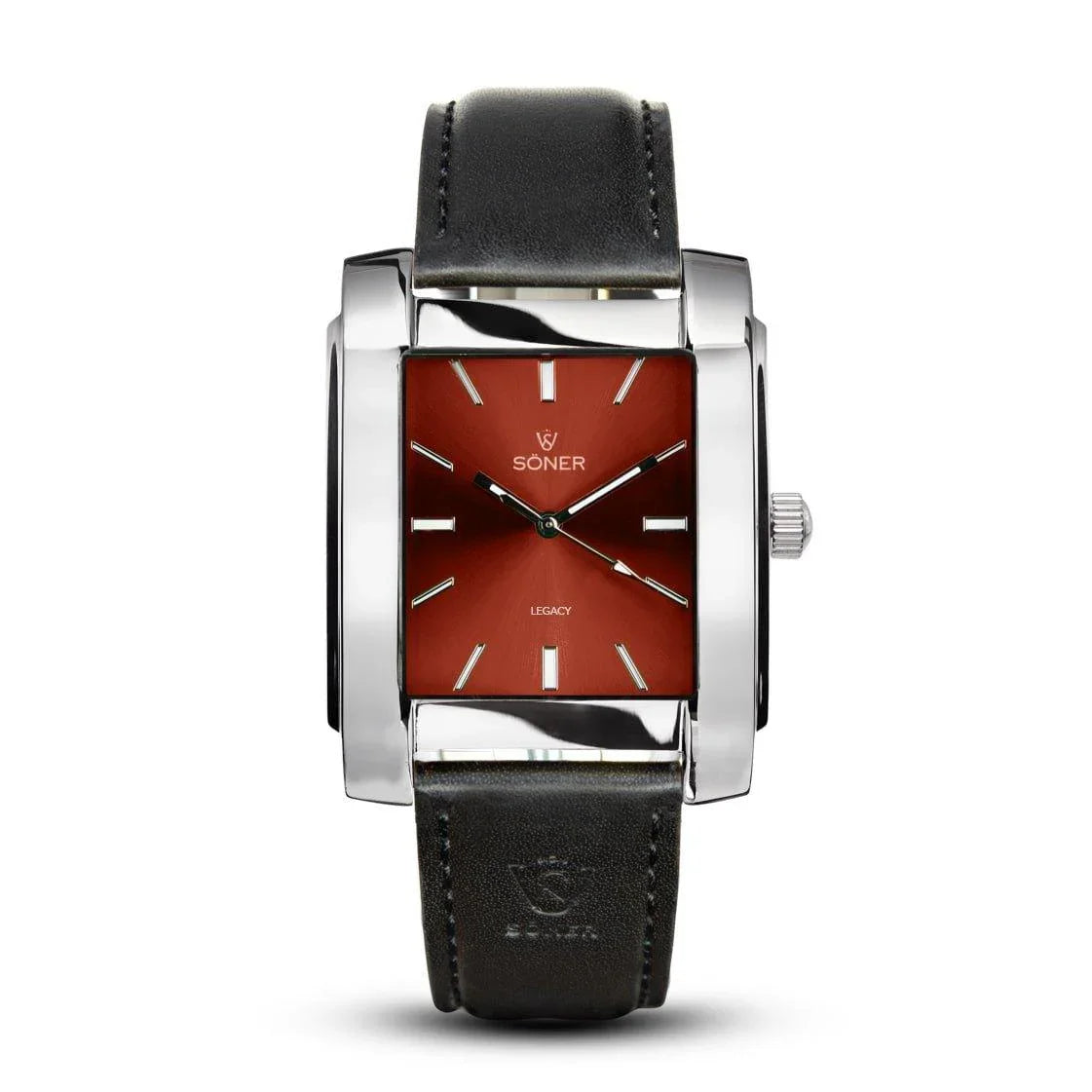 Legacy Tribune rectangular watch featuring a polished stainless steel case, deep red dial, and smooth black leather strap.