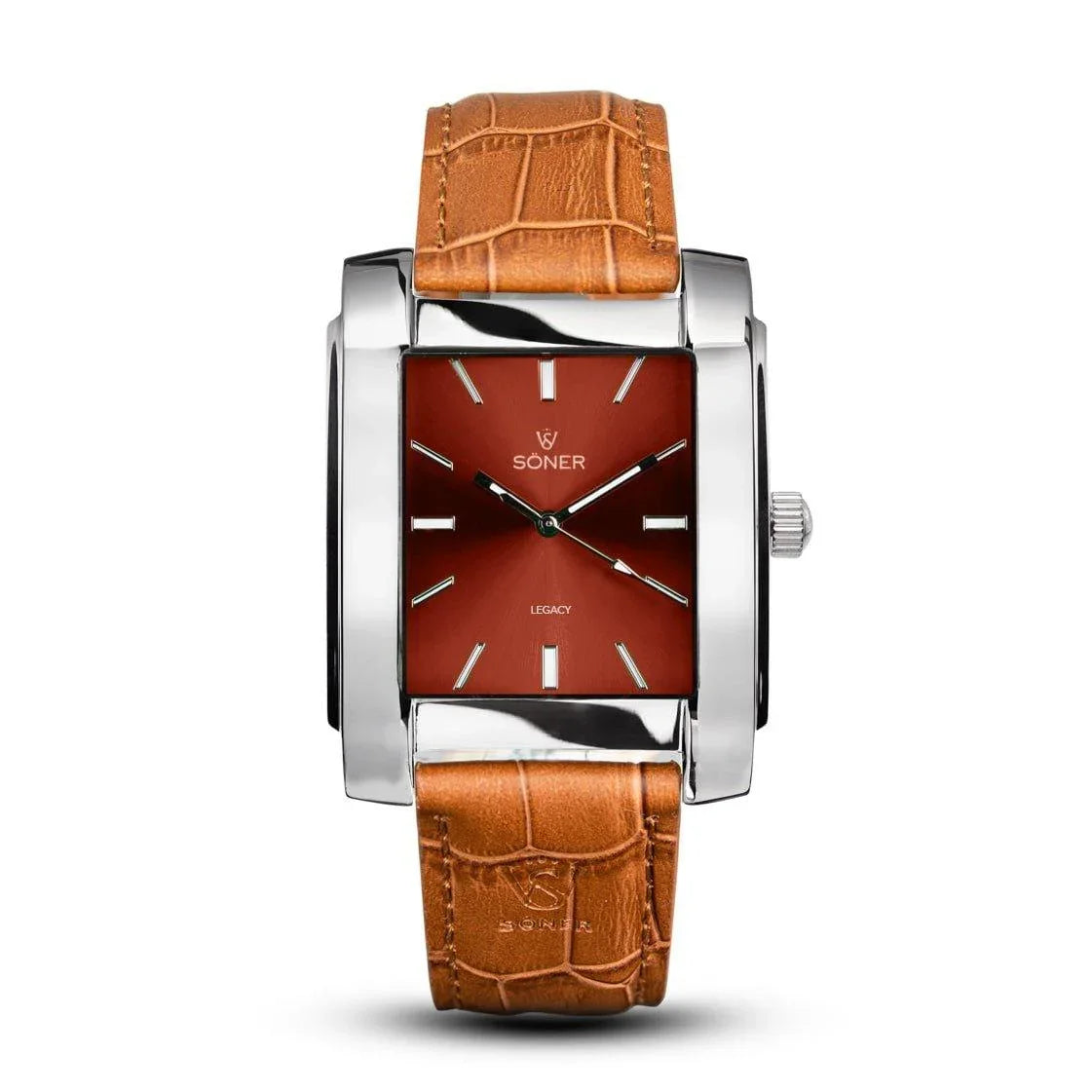 The Legacy Tribune timepiece, featuring a rectangular shape, showcases an orange dial with silver hour markers encased in a sleek silver body. It is paired with a textured brown leather strap and prominently displays the brand name SONER alongside the word LEGACY on its sophisticated face, blending elegance with bold design. (3-year Battery included)