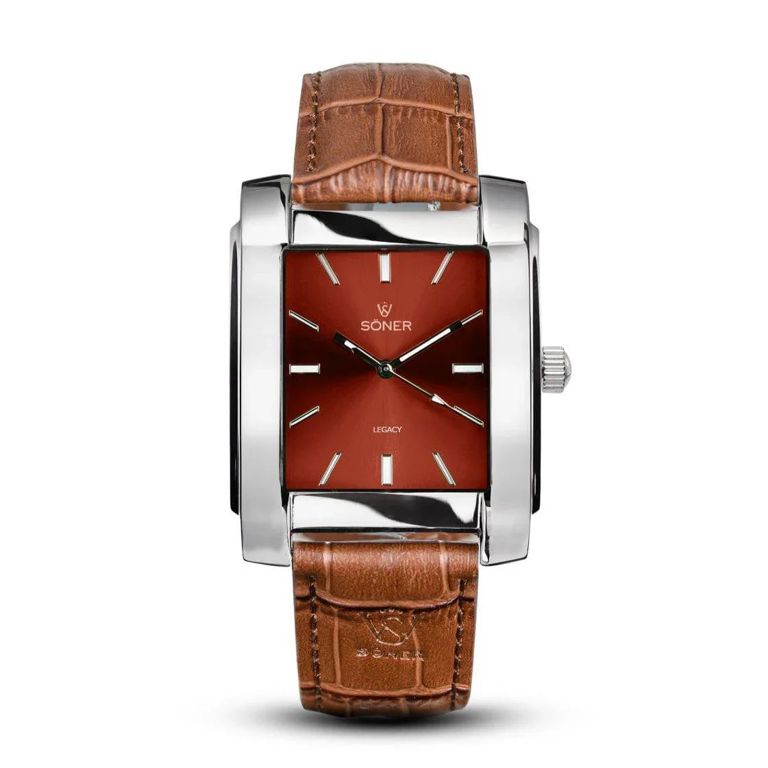 Legacy Tribune rectangular watch with a polished stainless steel case, rich red dial, and brown embossed leather strap.