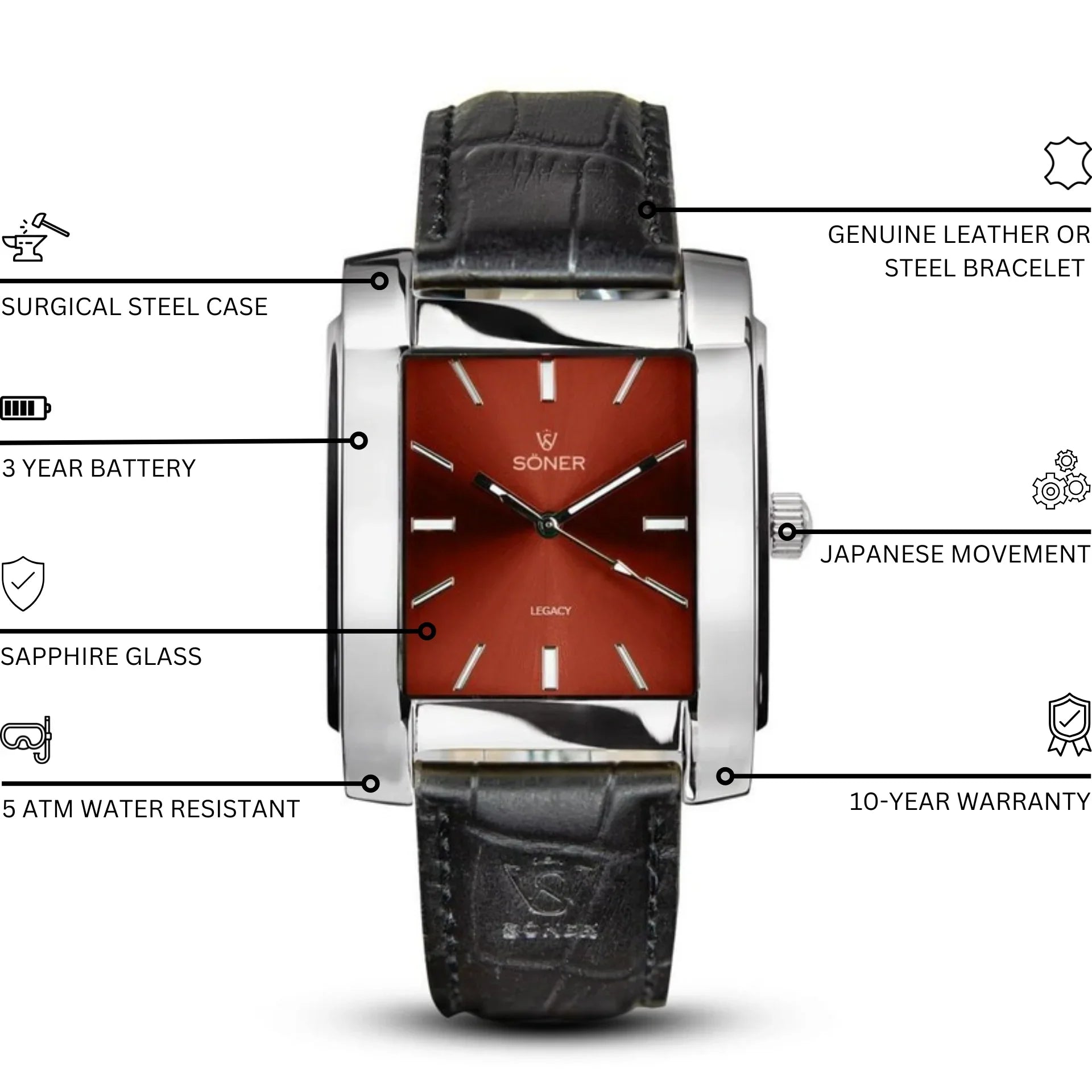 Legacy Tribune rectangular watch with a polished stainless steel case, red dial, black leather strap, and annotated features including sapphire glass, Japanese movement, 3-year battery, 5 ATM water resistance, and 10-year warranty.