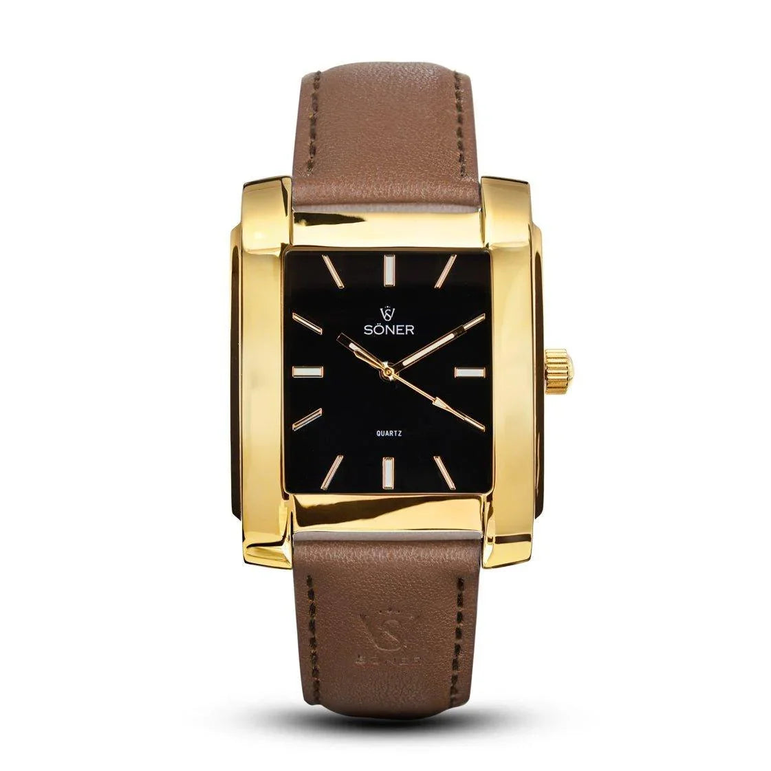 Legacy Waldorf rectangular gold watch with a polished gold-plated case, black dial, minimalist gold markers, and a smooth brown leather strap.