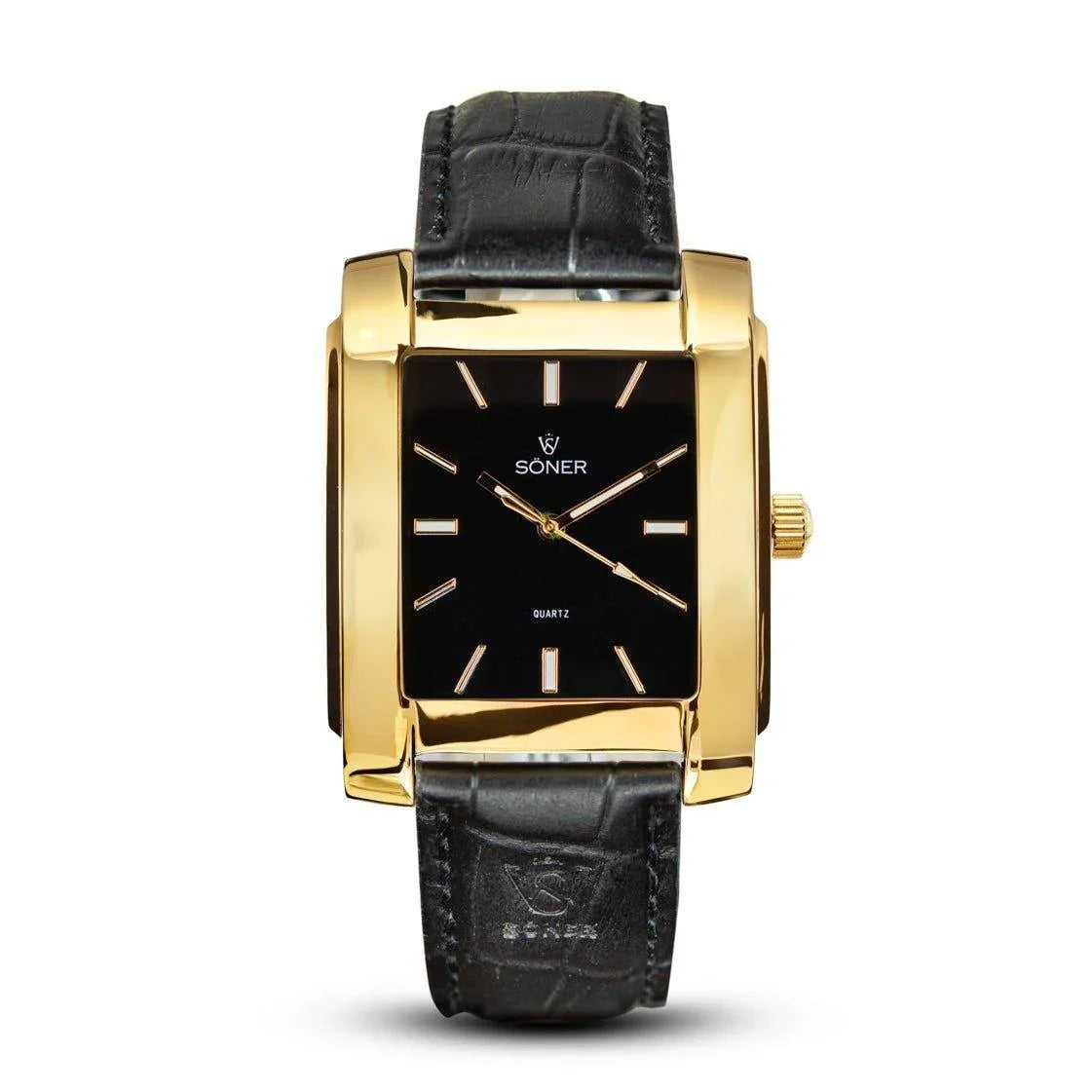 Rectangular gold-plated Söner Legacy Waldorf watch with a polished case, black dial, gold indices, and a black leather strap embossed with the brand logo.