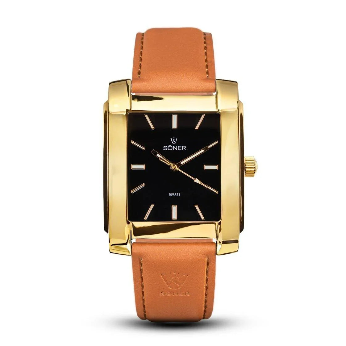 Legacy Waldorf rectangular gold watch with a polished gold-plated case, black dial, minimalist gold indices, and a smooth tan leather strap.