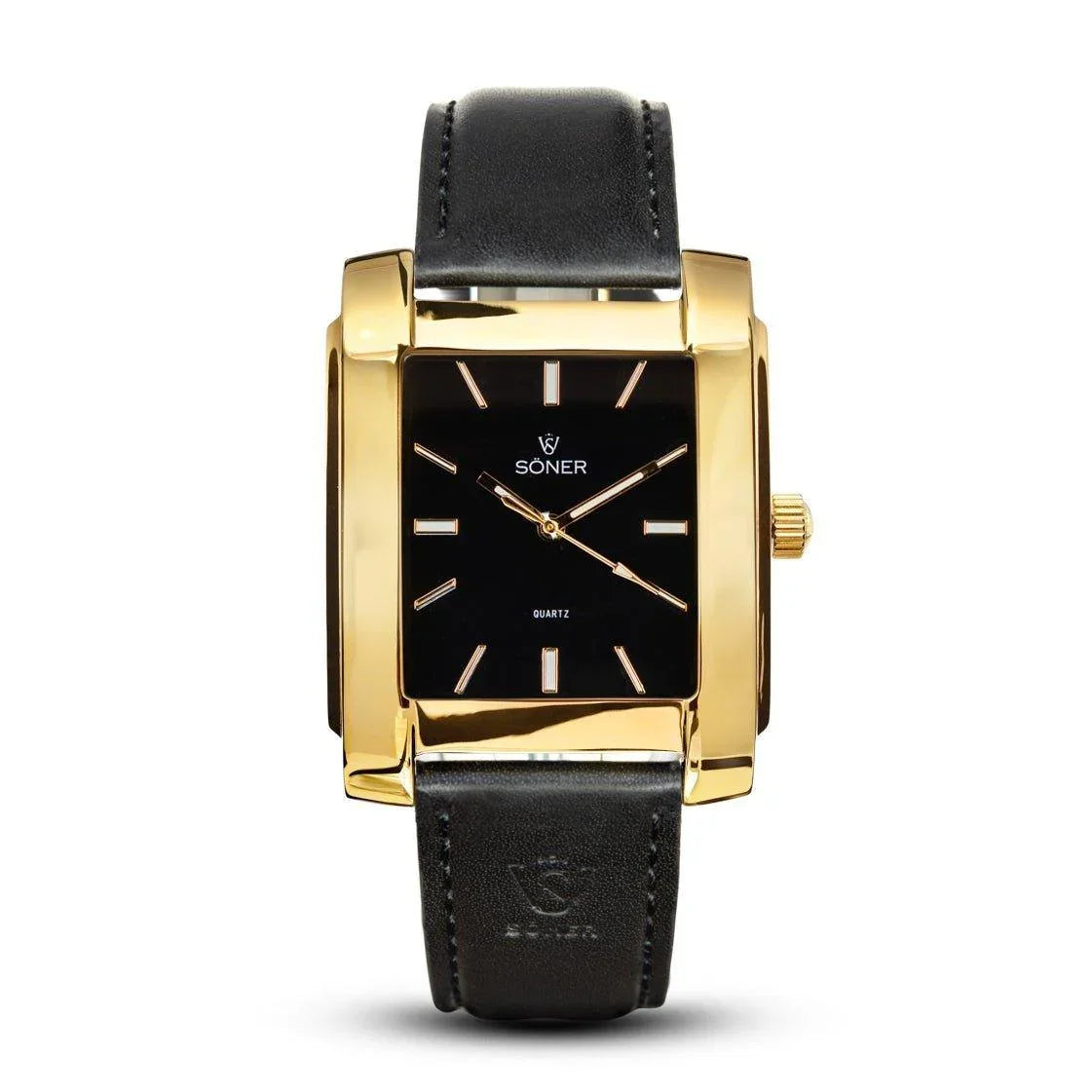 The Legacy Waldorf wristwatch from Söner showcases a gold rectangular design with a sleek black face, minimalist aesthetic, and includes gold hour markers and hands. It is paired with a refined black leather strap, and the brand name Soner is prominently displayed on the watch face.