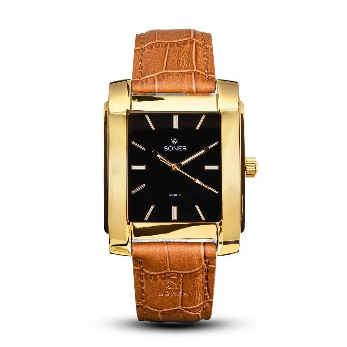 Legacy Waldorf rectangular gold watch with a polished gold-plated case, black dial, minimalist gold markers, and a light brown embossed leather strap.
