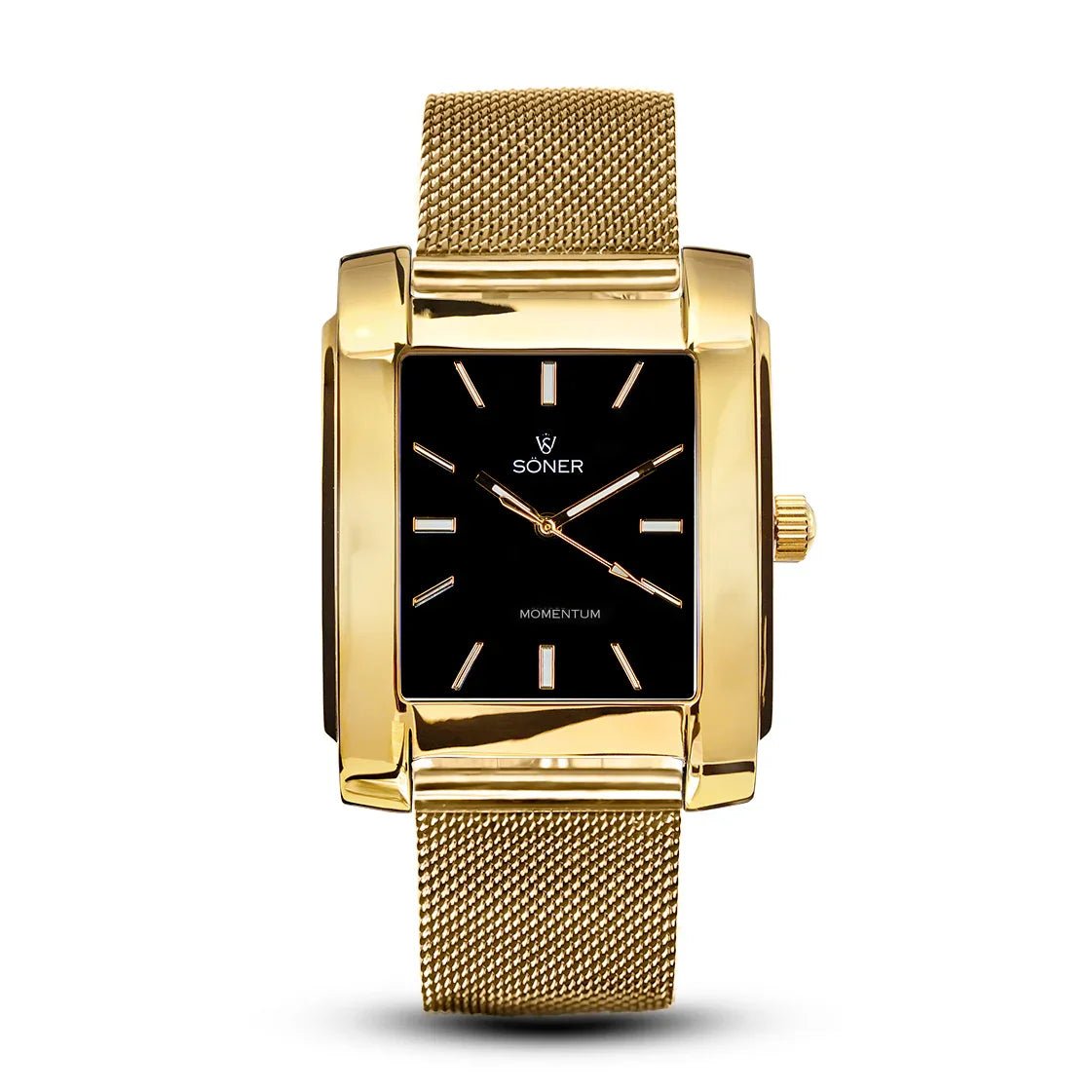 Momentum Astoria automatic rectangular watch with a polished gold-plated case, minimalist black dial, gold hands and indices, and a matching gold mesh bracelet.