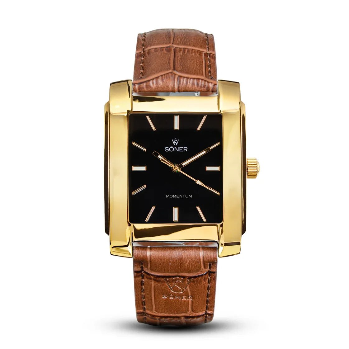 Rectangular gold-plated Momentum Astoria automatic watch with a polished black dial, gold markers, and a brown leather strap embossed with the Söner logo.