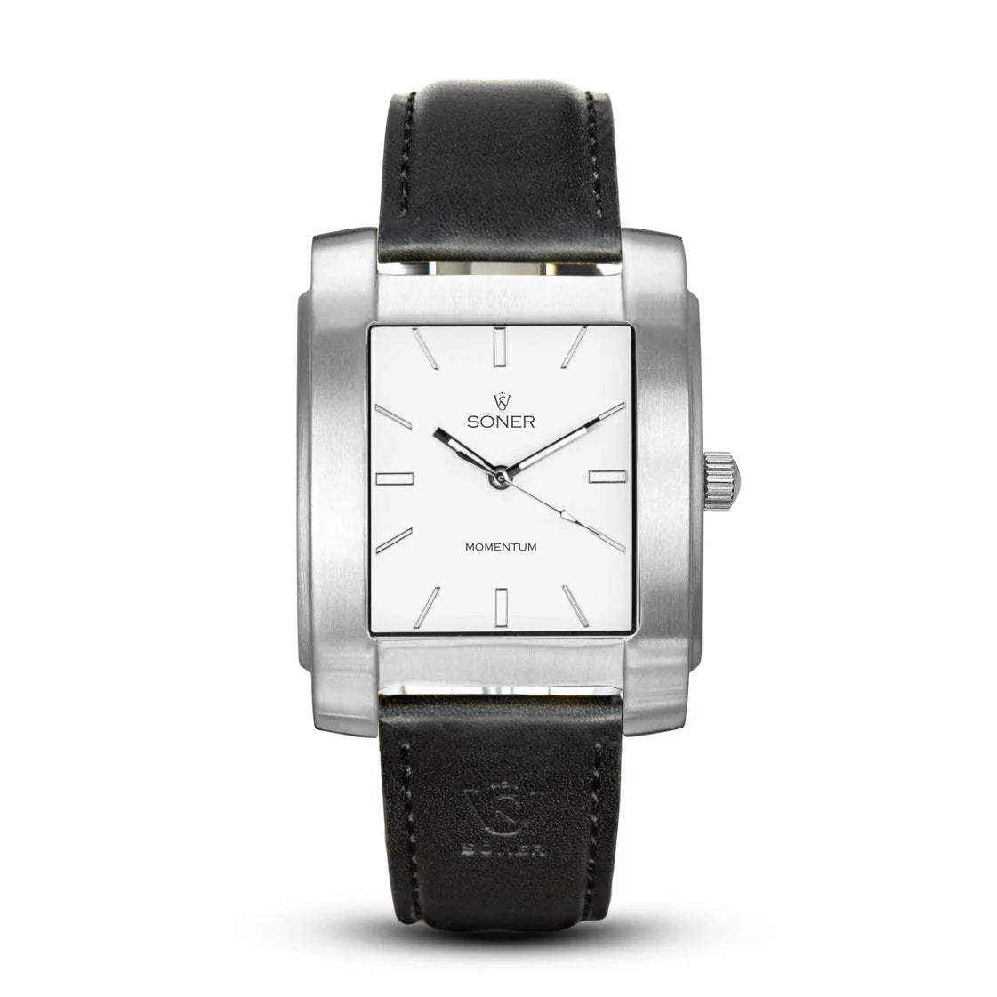 A square-faced Soner wristwatch with a brushed stainless steel case, white dial, minimalist hour markers, and black leather strap. The watch has a crown on the right side and “Momentum” written above 6 o’clock.