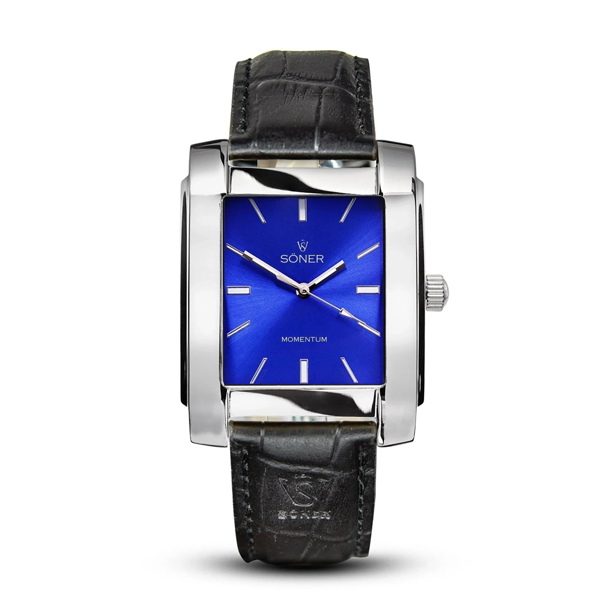 Rectangular Söner Momentum Bacardi automatic watch with a polished stainless steel case, striking blue sunburst dial, silver indices and hands, and a black embossed leather strap.