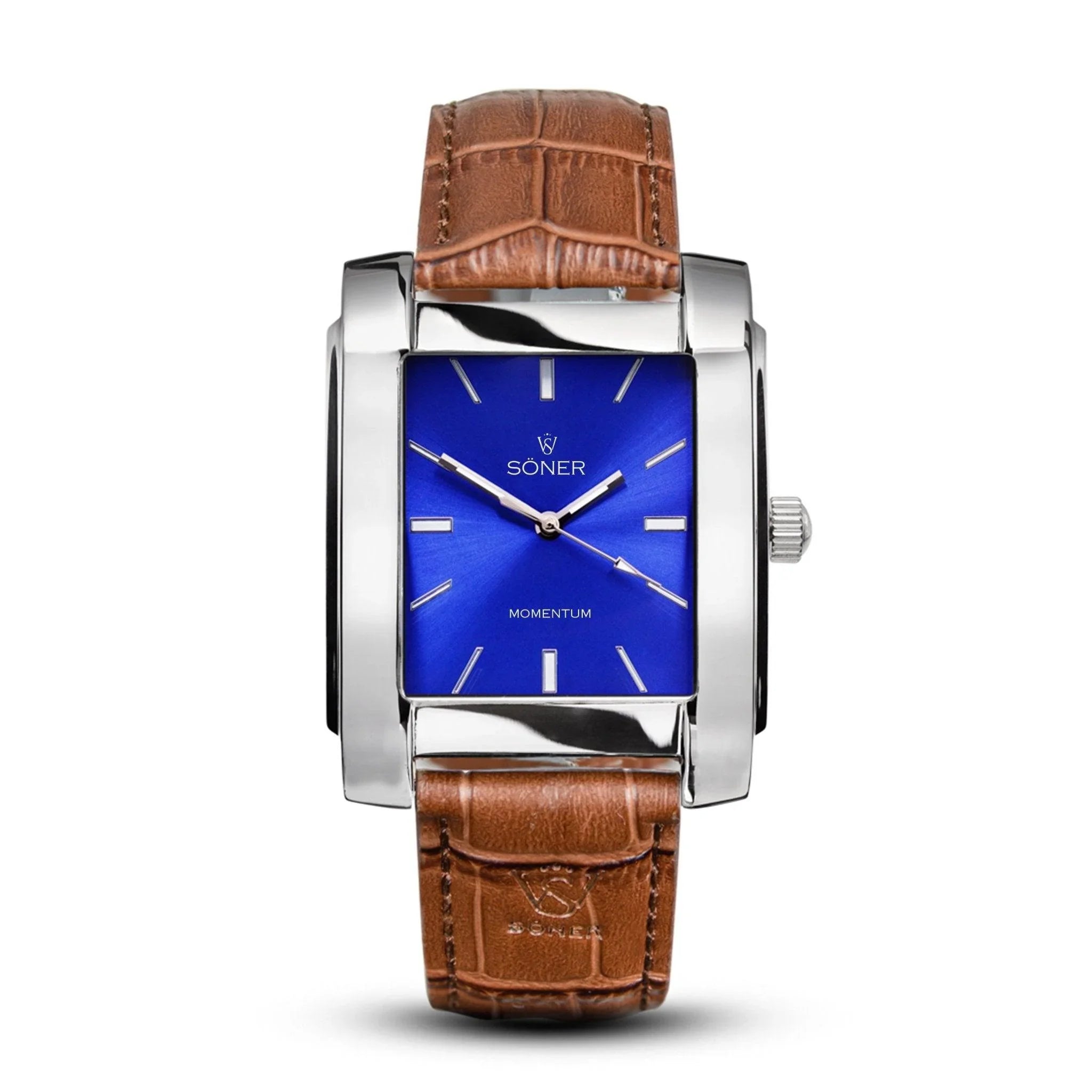 Momentum Bacardi automatic rectangular watch featuring a polished stainless steel case, vivid blue sunburst dial, silver-tone hands and indices, and a brown embossed leather strap.