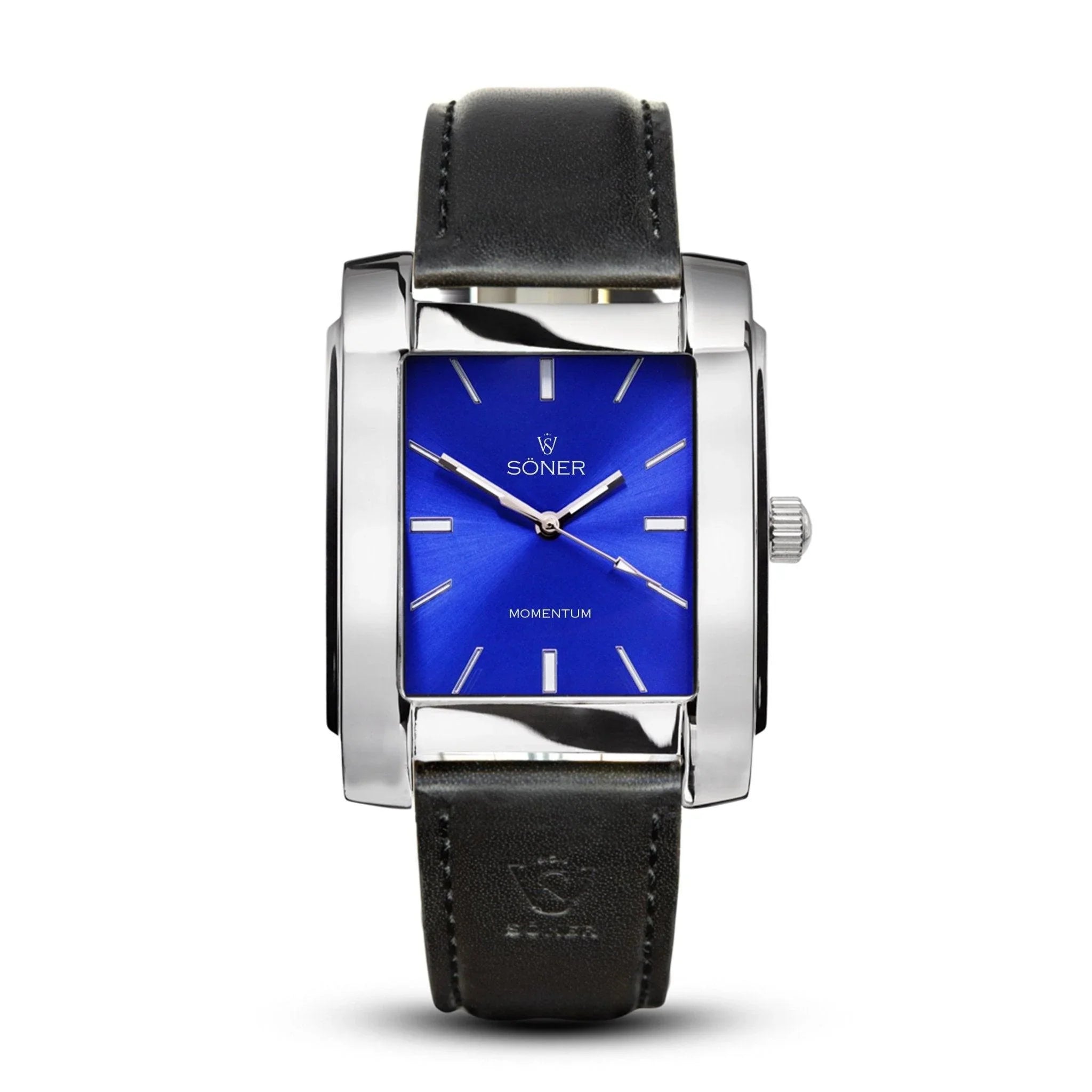 Momentum Bacardi automatic rectangular watch with a polished stainless steel case, deep blue sunburst dial, minimalist silver markers, and a smooth black leather strap.