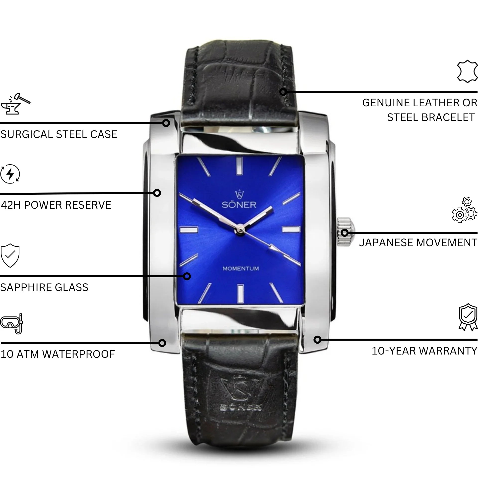 Momentum Bacardi automatic rectangular watch with a polished stainless steel case, vivid blue sunburst dial, black leather strap, sapphire glass, and annotated features including 42-hour power reserve, 10 ATM water resistance, Japanese movement, and 10-year warranty.