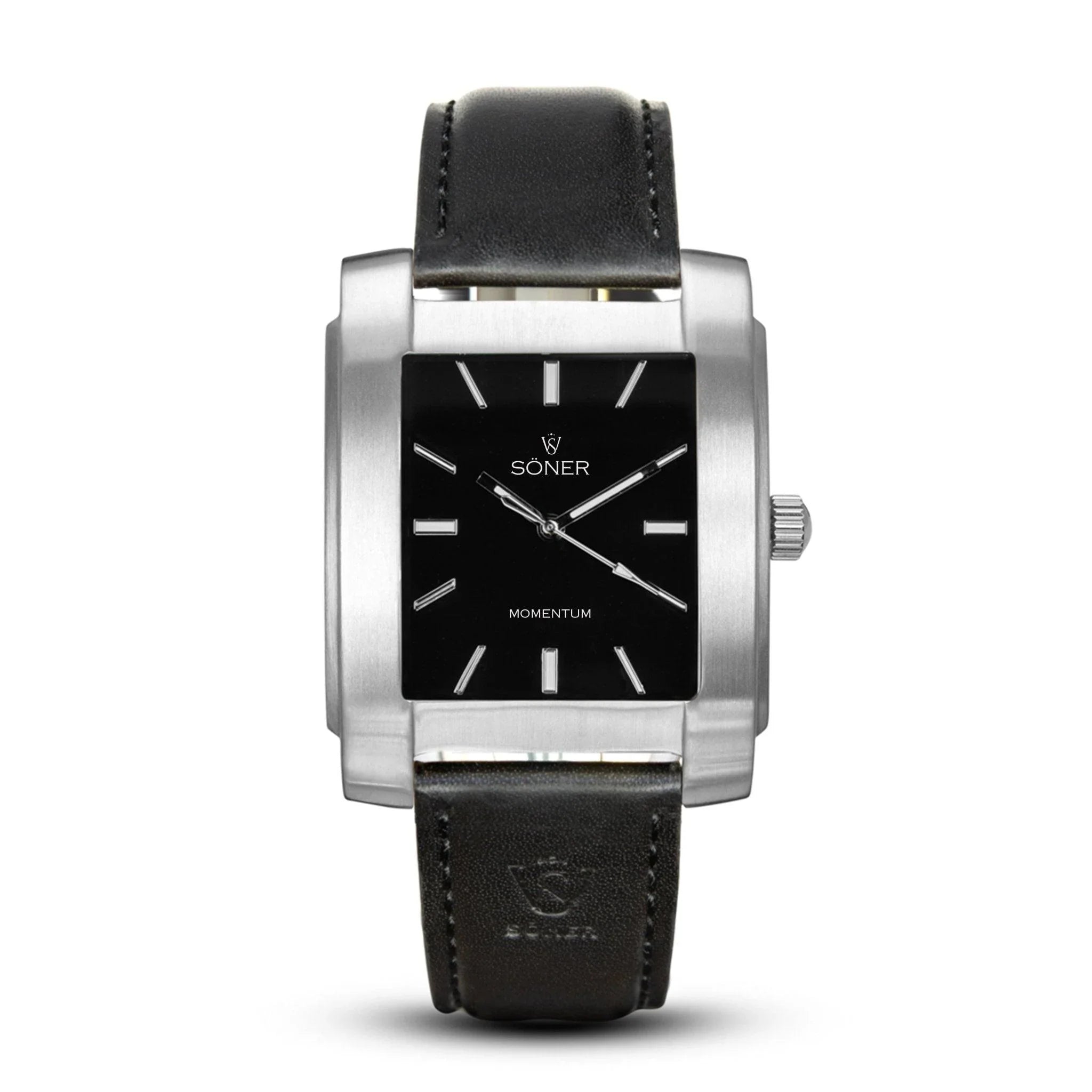 The Momentum Eden (Self-winding) watch features a sleek rectangular design with a black leather strap and a silver frame. Its elegant black dial displays minimalist white hour markers and hands, with the brand names Söner and MOMENTUM printed on it, all set against a pristine white background.