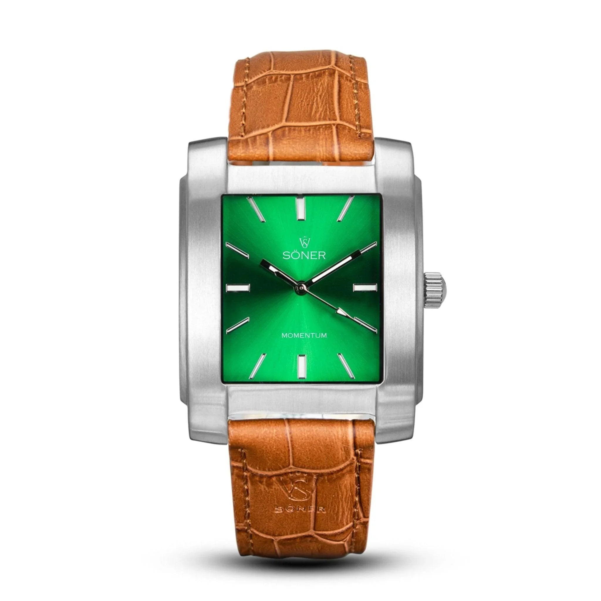 Momentum Fairmont Automatic rectangular watch with a brushed stainless steel case, vivid green sunburst dial, silver-tone markers, and a light tan crocodile-embossed leather strap.