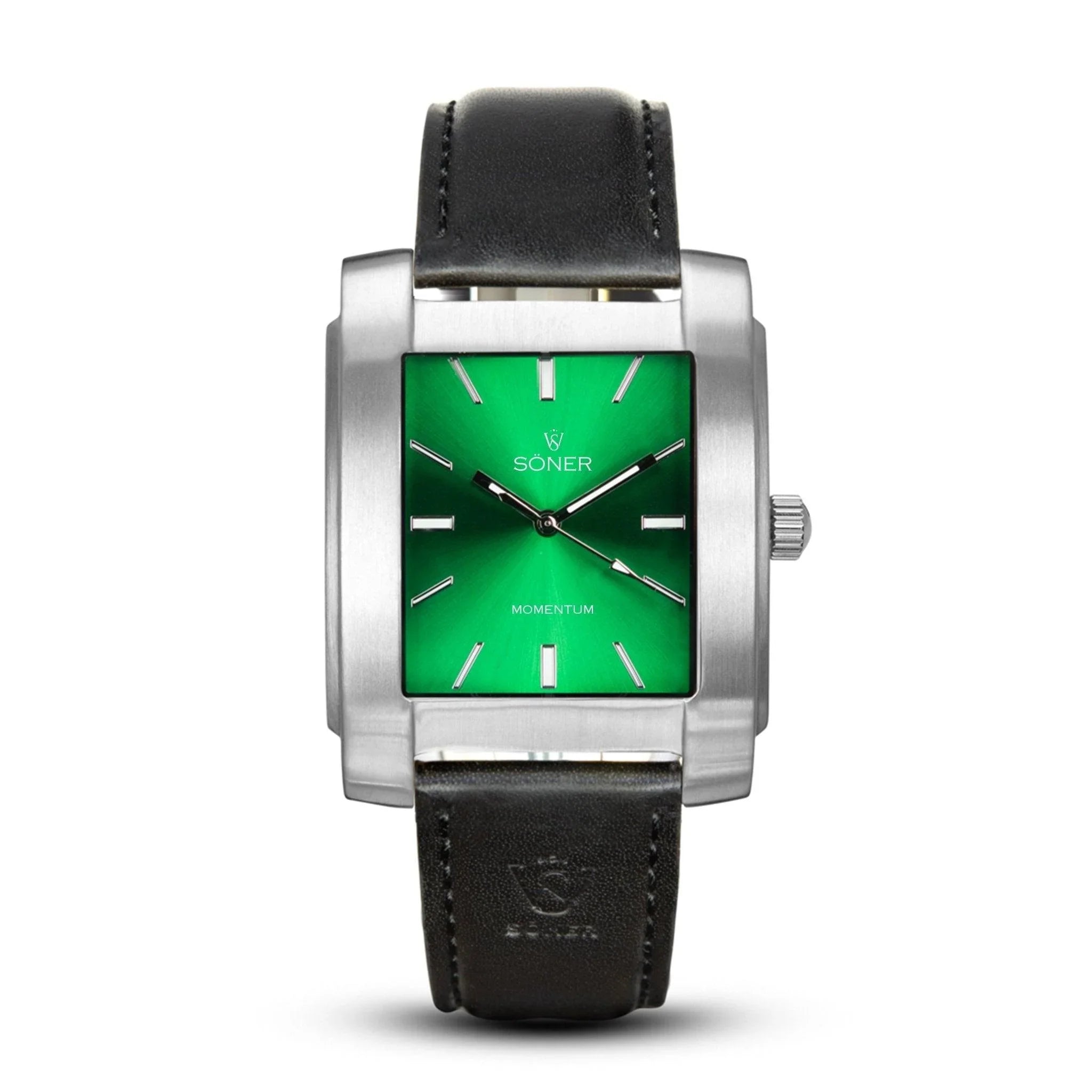 Momentum Fairmont Automatic rectangular watch with a brushed stainless steel case, striking green sunburst dial, silver-tone markers, and a smooth black leather strap.
