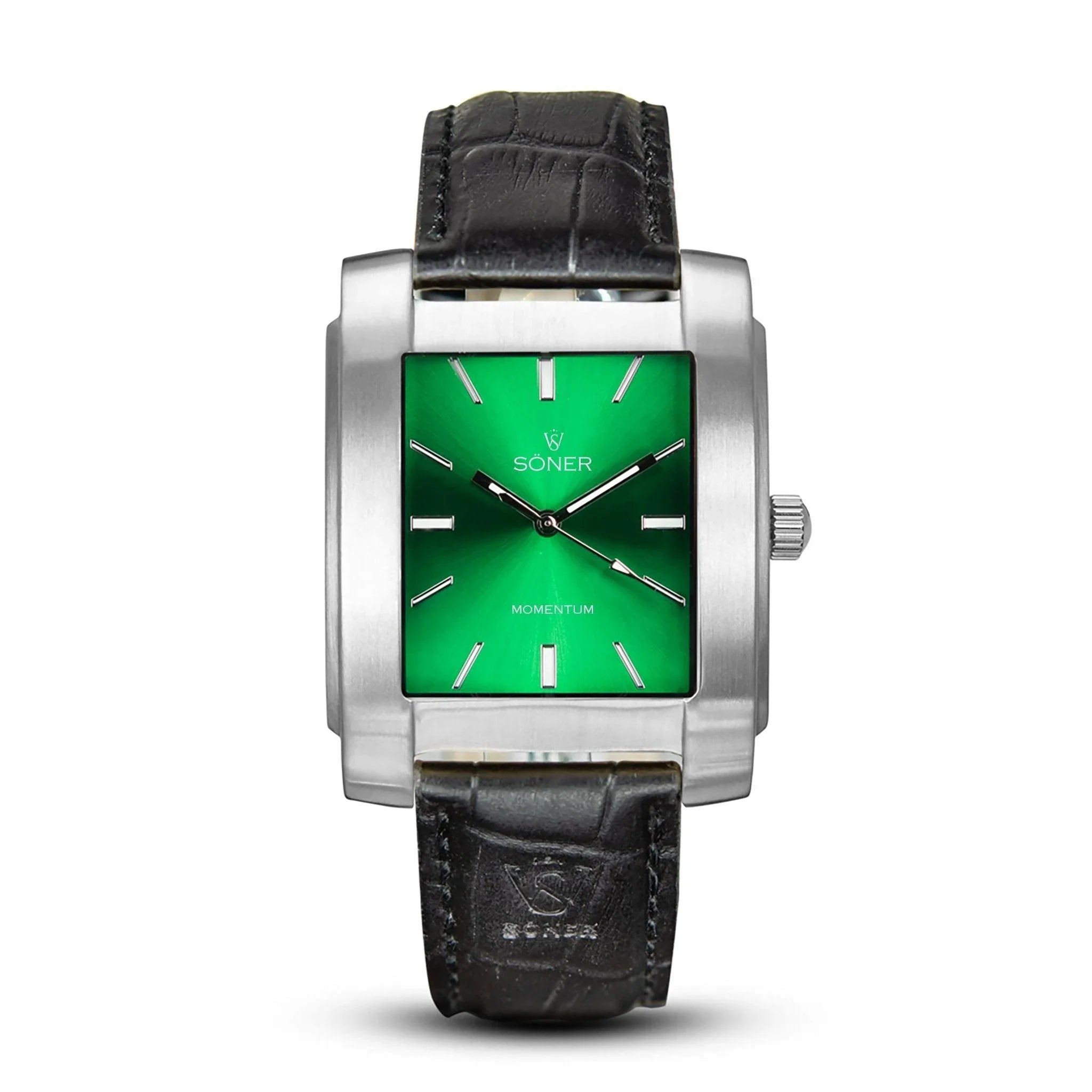 Rectangular Momentum Fairmont Automatic watch with a brushed stainless steel case, vibrant green sunburst dial, silver indices, and a black leather strap.