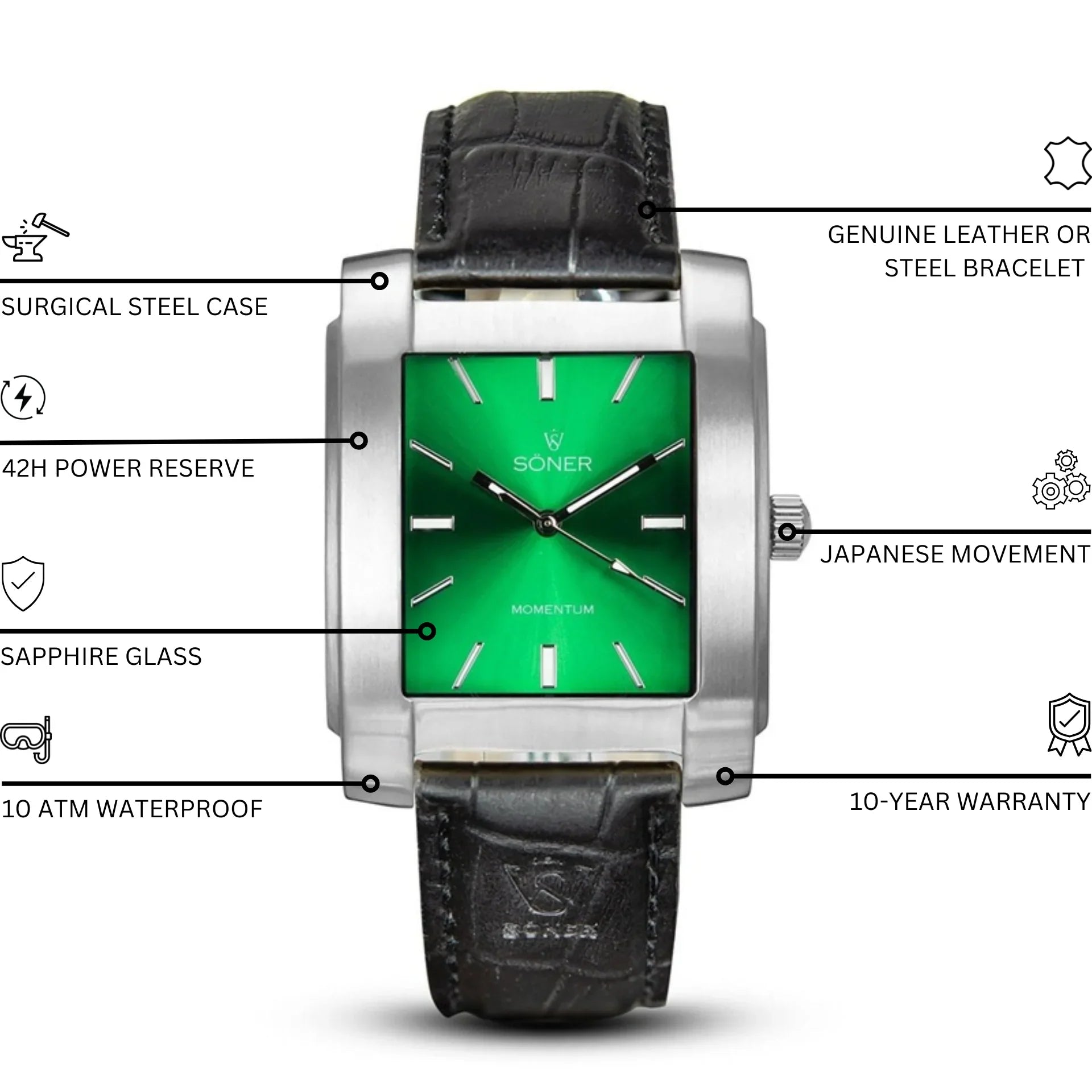 Momentum Fairmont Automatic rectangular watch with a brushed stainless steel case, green sunburst dial, black leather strap, and highlighted features including sapphire glass, 42-hour power reserve, Japanese movement, 10 ATM water resistance, and a 10-year warranty.