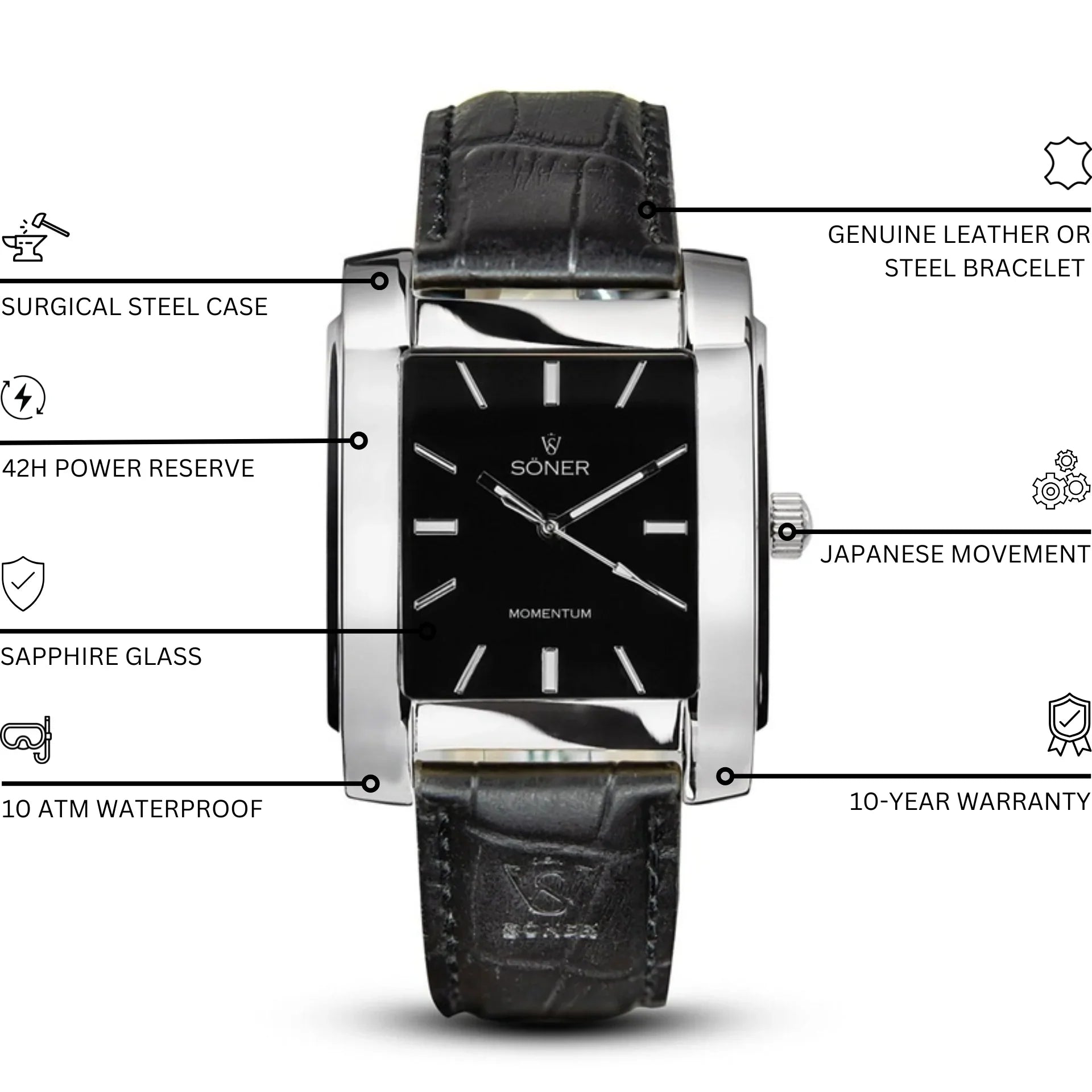 Timeless elegance with the Momentum Harlingen (Self-winding) watch by Söner. This rectangular timepiece showcases a black face with sleek silver hour markers. The textured black leather strap and a small crown on the right side enhance its sophisticated charm, and the name "Soner" is stylishly displayed on the watch face.