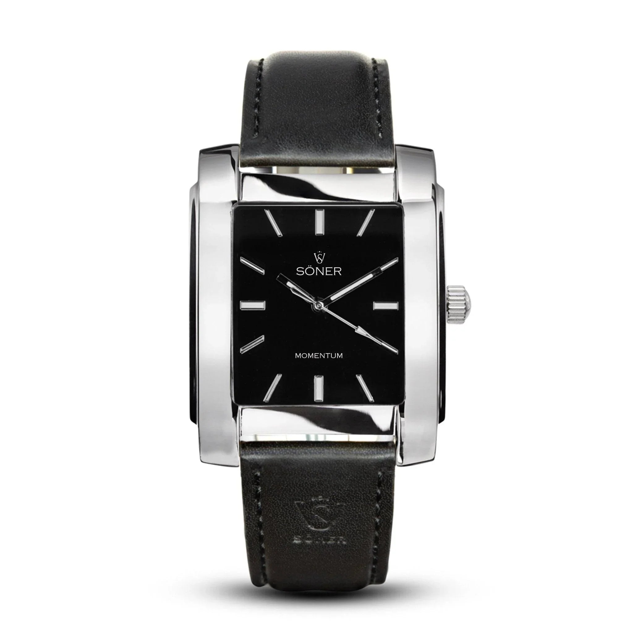 Söner Momentum Harlingen automatic rectangular watch with a polished stainless steel case, black dial, luminous silver indices, and a smooth black leather strap.