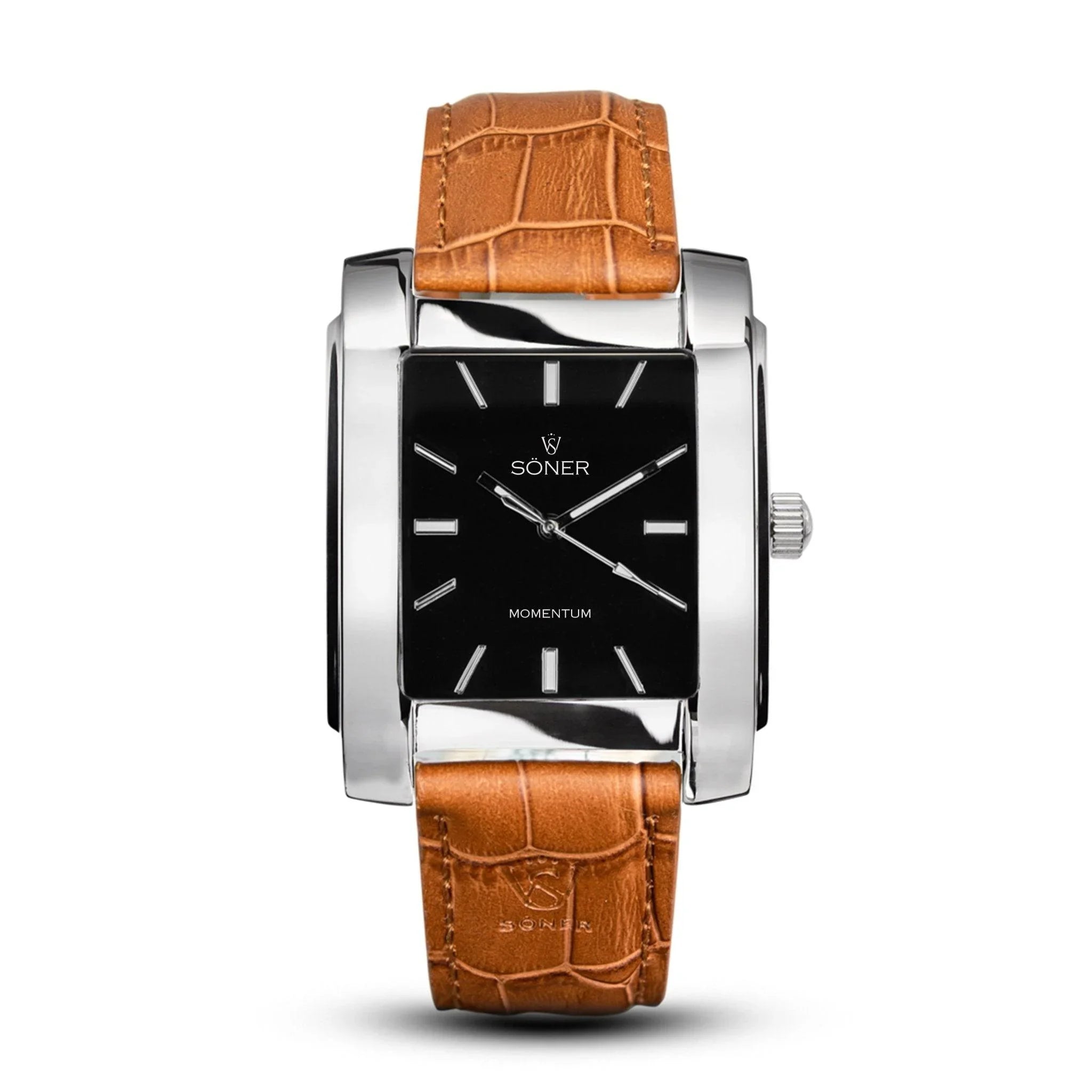 Momentum Harlingen automatic rectangular watch with a polished stainless steel case, black dial, luminous silver markers, and a light brown embossed leather strap.