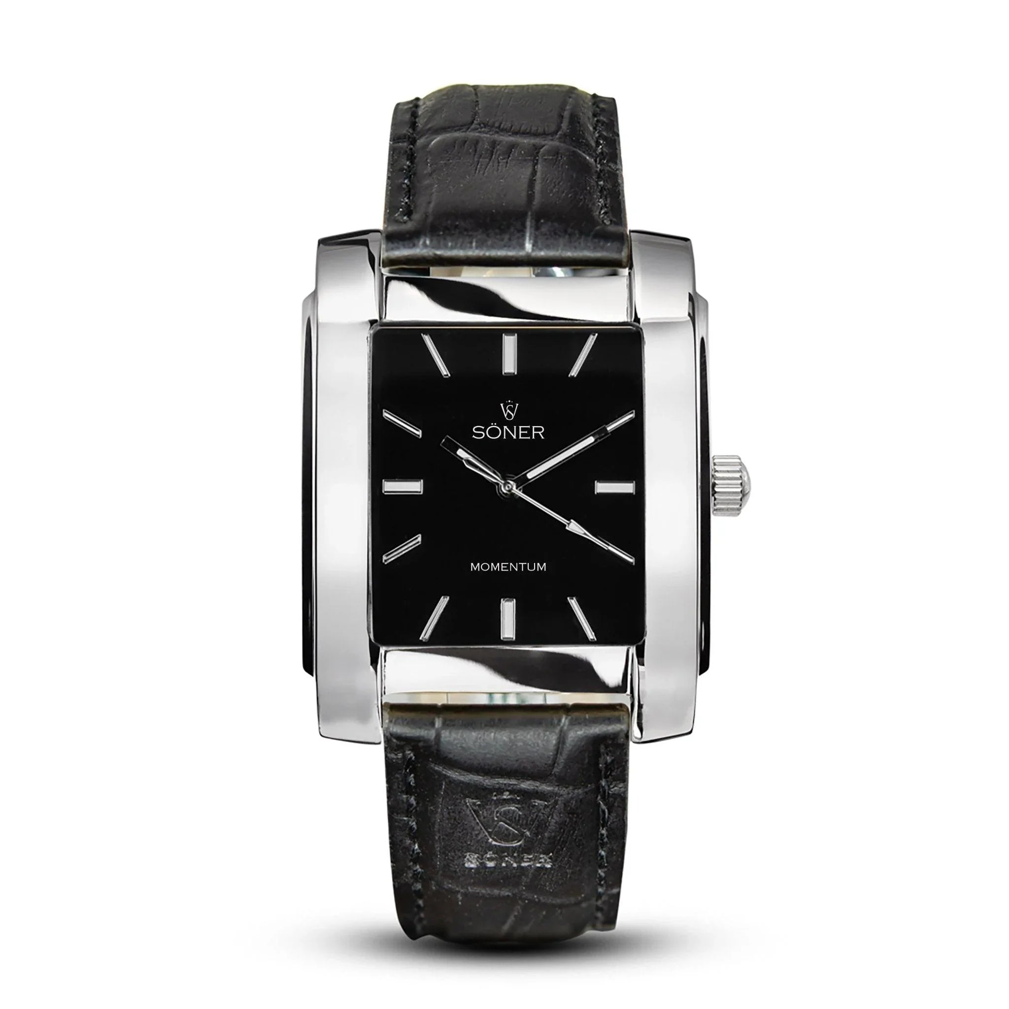 Rectangular Söner Momentum Harlingen automatic watch with a polished stainless steel case, black dial, luminous silver indices, and a black leather strap embossed with the brand logo.