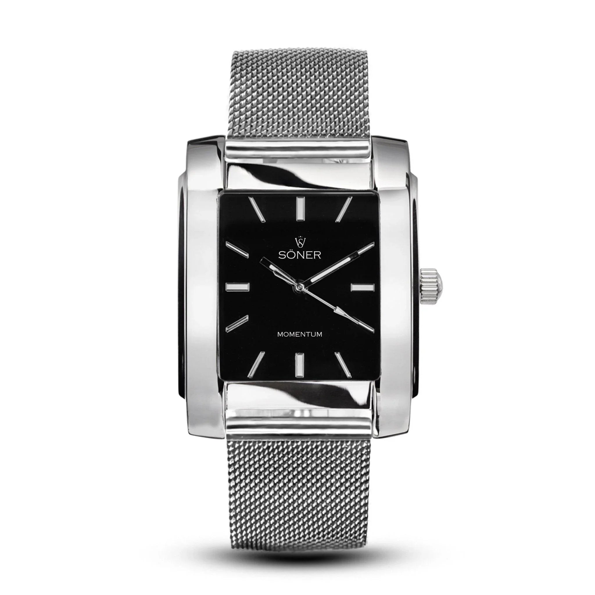 Momentum Harlingen automatic rectangular watch with a polished stainless steel case, black dial, luminous markers, and a sleek silver mesh bracelet.