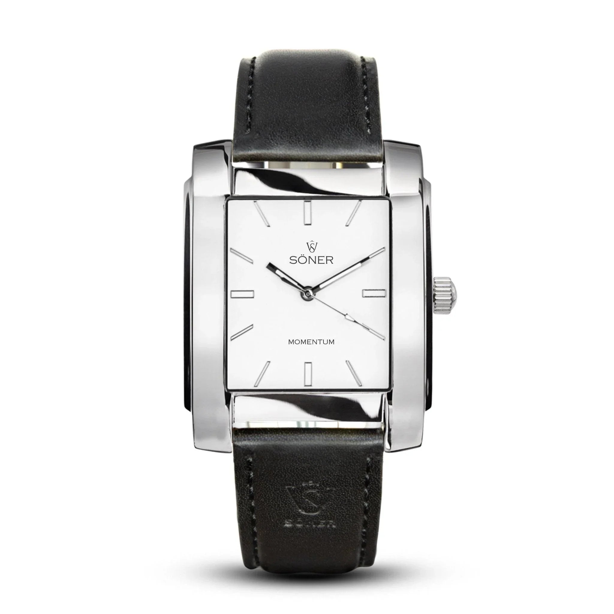 Momentum Hoover Automatic rectangular watch featuring a polished stainless steel case, minimalist white dial, and a black leather strap embossed with the Söner logo.